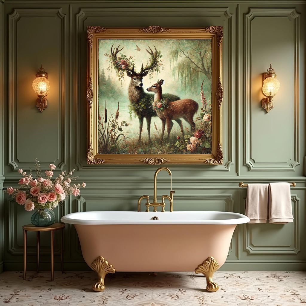 Enchanted Deer Couple Painting: Vintage Woodland Art (Digital Download)