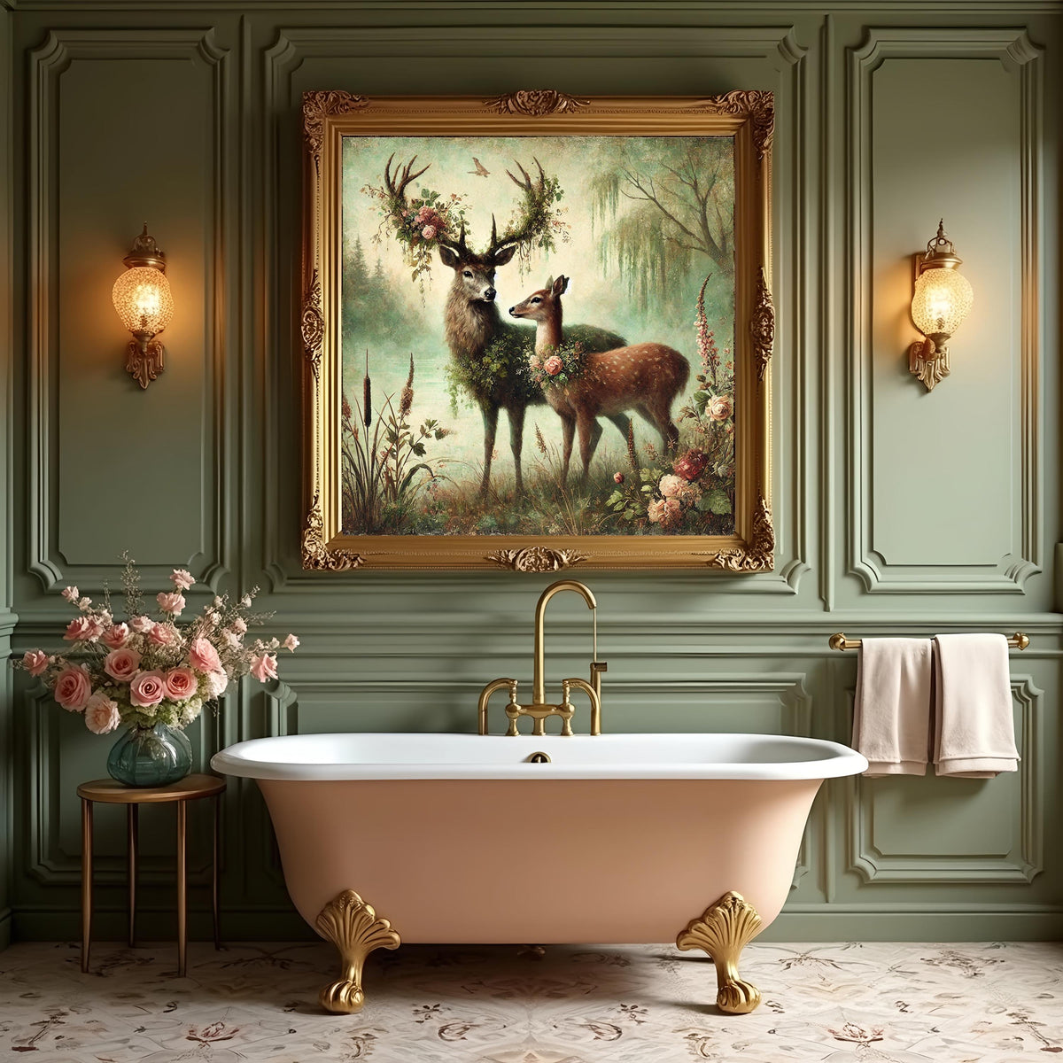 Enchanted Deer Couple Painting: Vintage Woodland Art (Digital Download)