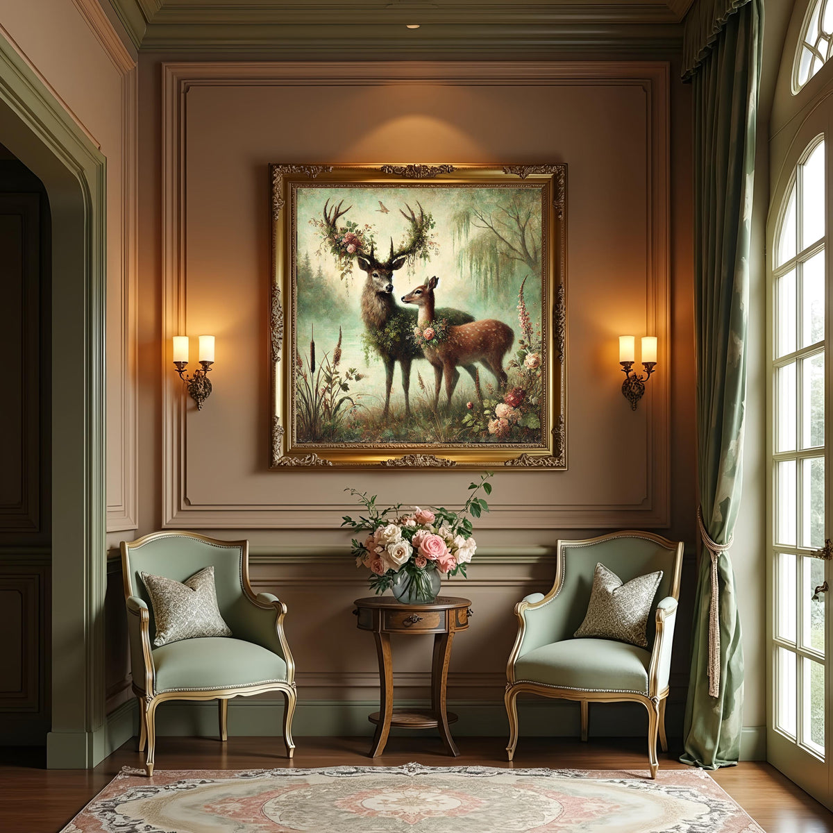 Enchanted Deer Couple Painting: Vintage Woodland Art (Digital Download)