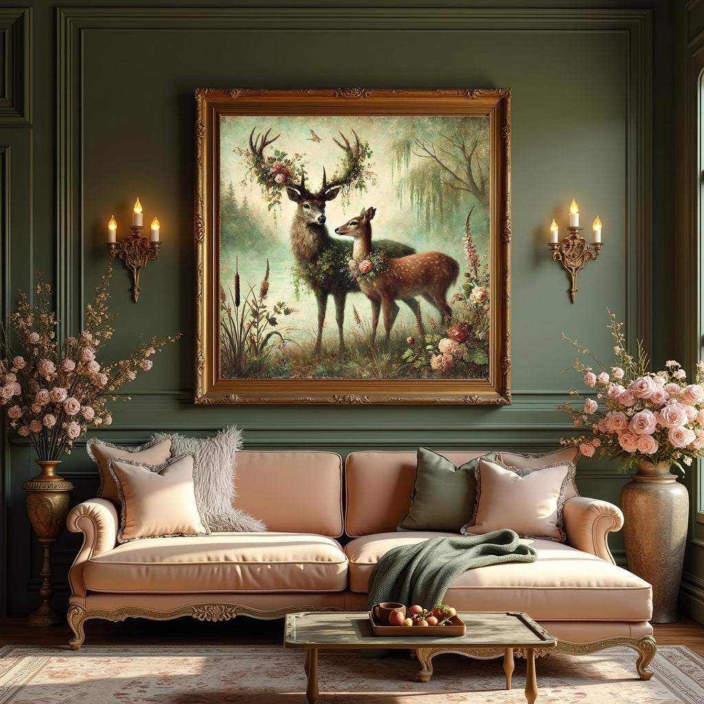 Enchanted Deer Couple Painting: Vintage Woodland Art (Digital Download)