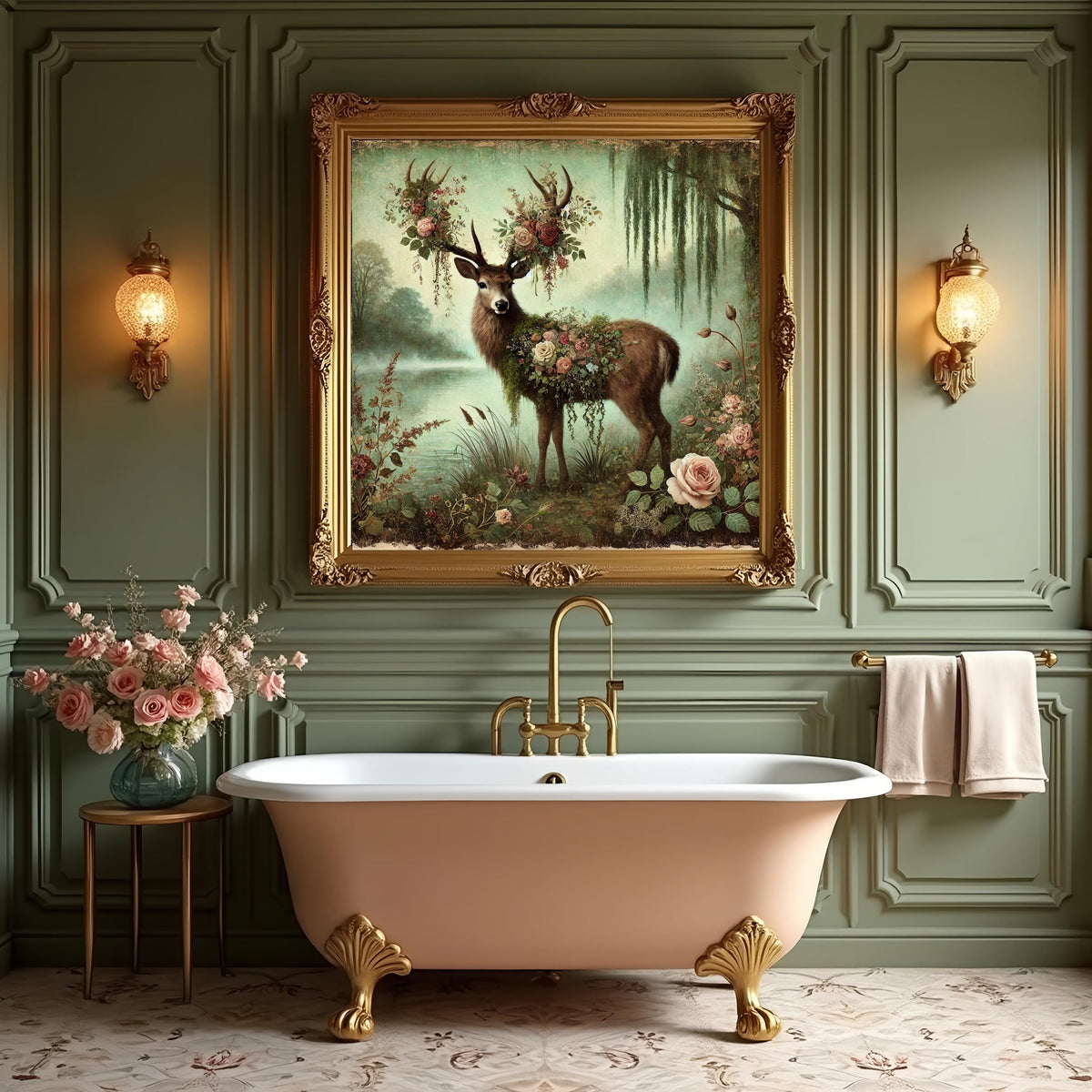 Enchanted Forest Deer Painting: Vintage Woodland Floral Stag Digital Art (Digital Download)