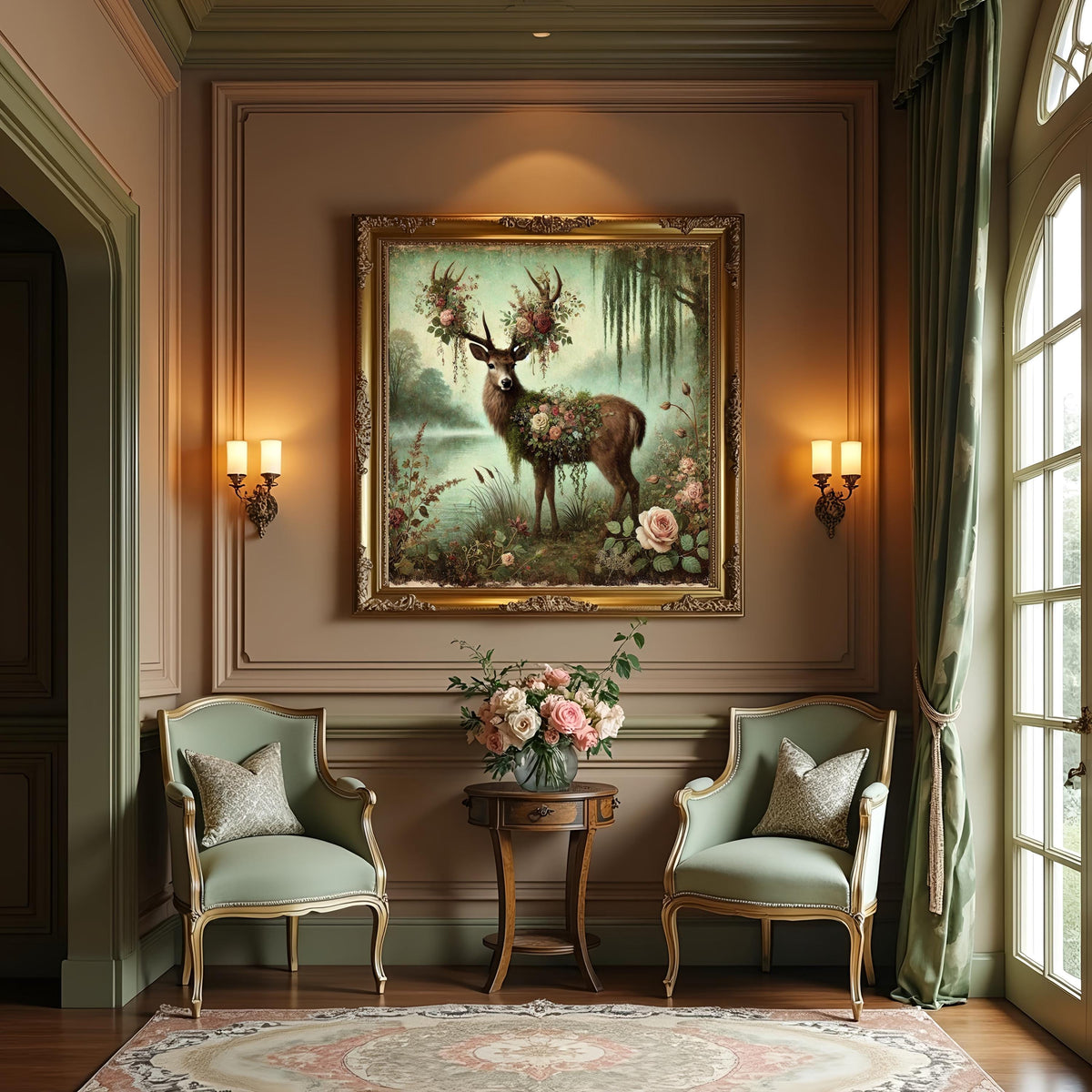 Enchanted Forest Deer Painting: Vintage Woodland Floral Stag Digital Art (Digital Download)