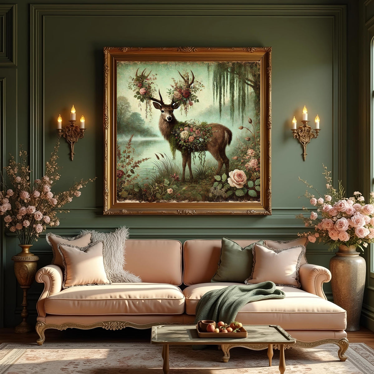 Enchanted Forest Deer Painting: Vintage Woodland Floral Stag Digital Art (Digital Download)