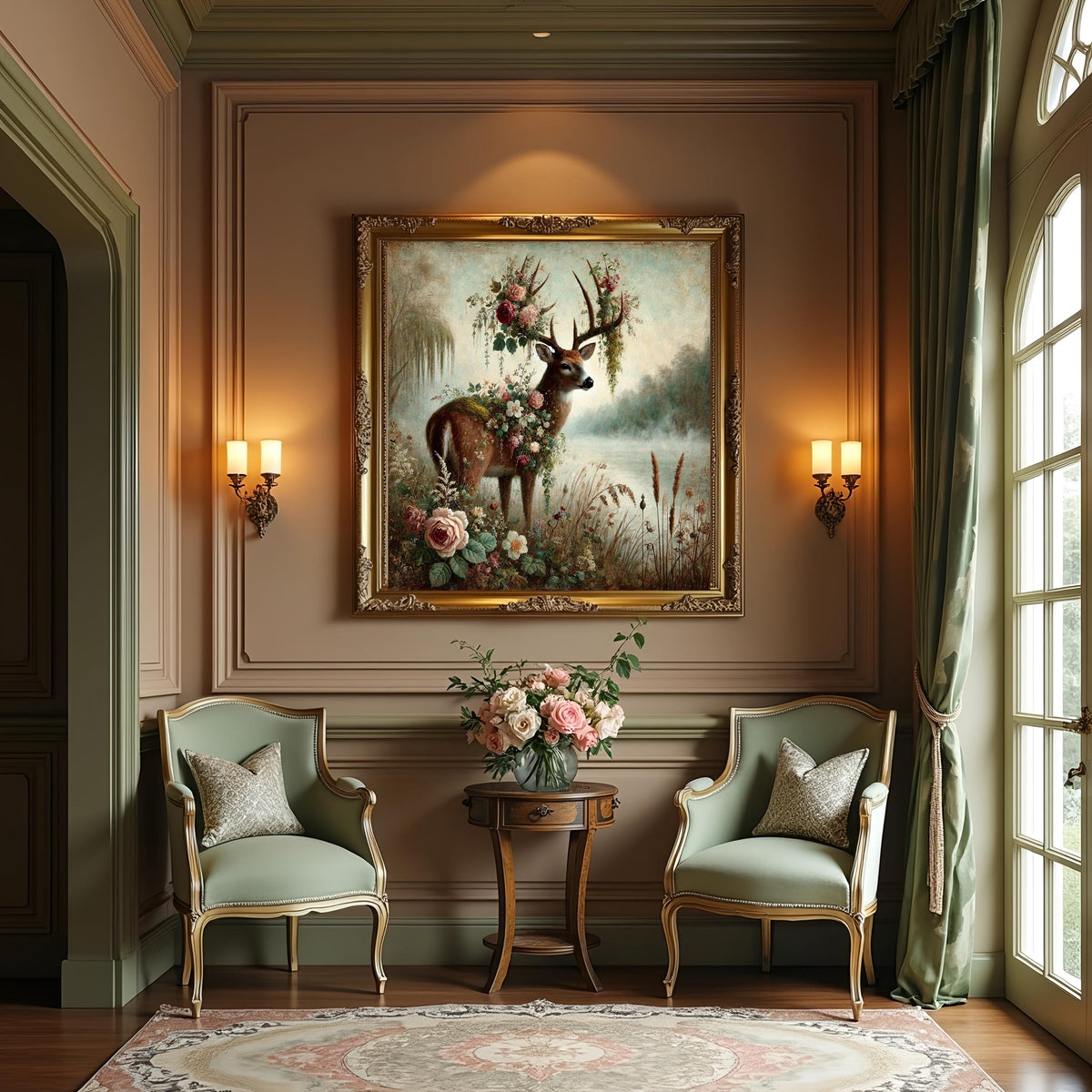 Floral Woodland Deer Painting: Enchanted Vintage Forest Stag Digital Art (Digital Download)