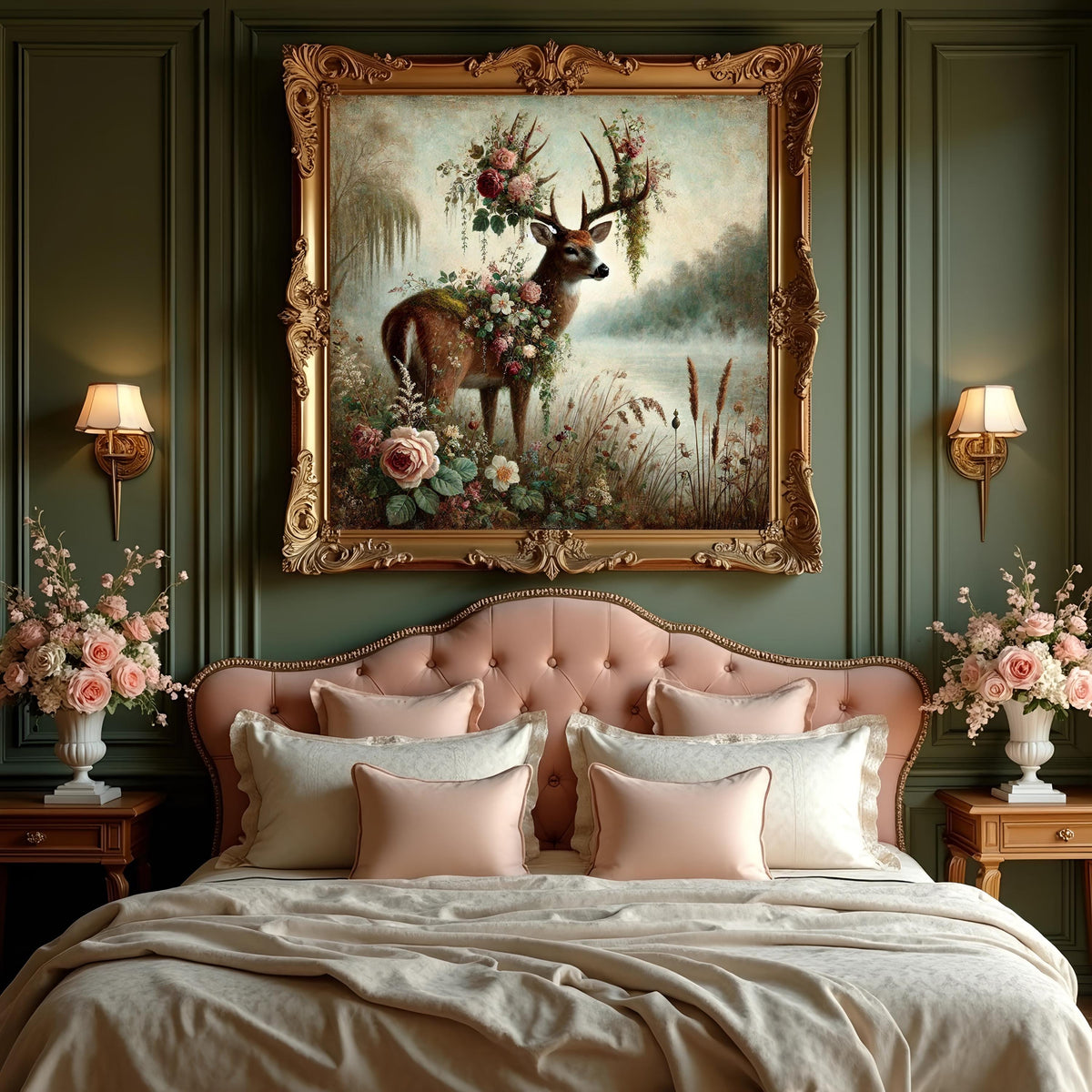 Floral Woodland Deer Painting: Enchanted Vintage Forest Stag Digital Art (Digital Download)