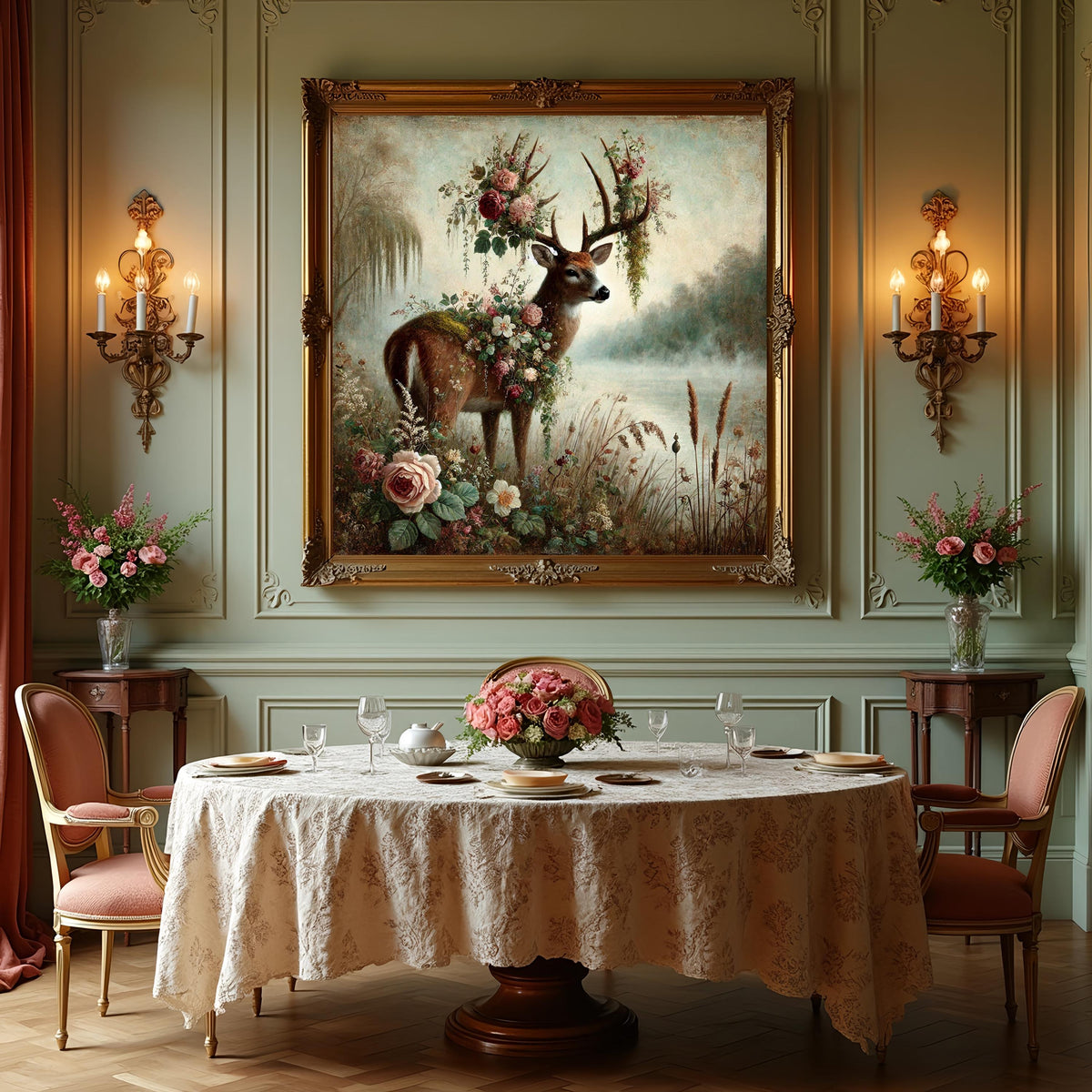 Floral Woodland Deer Painting: Enchanted Vintage Forest Stag Digital Art (Digital Download)