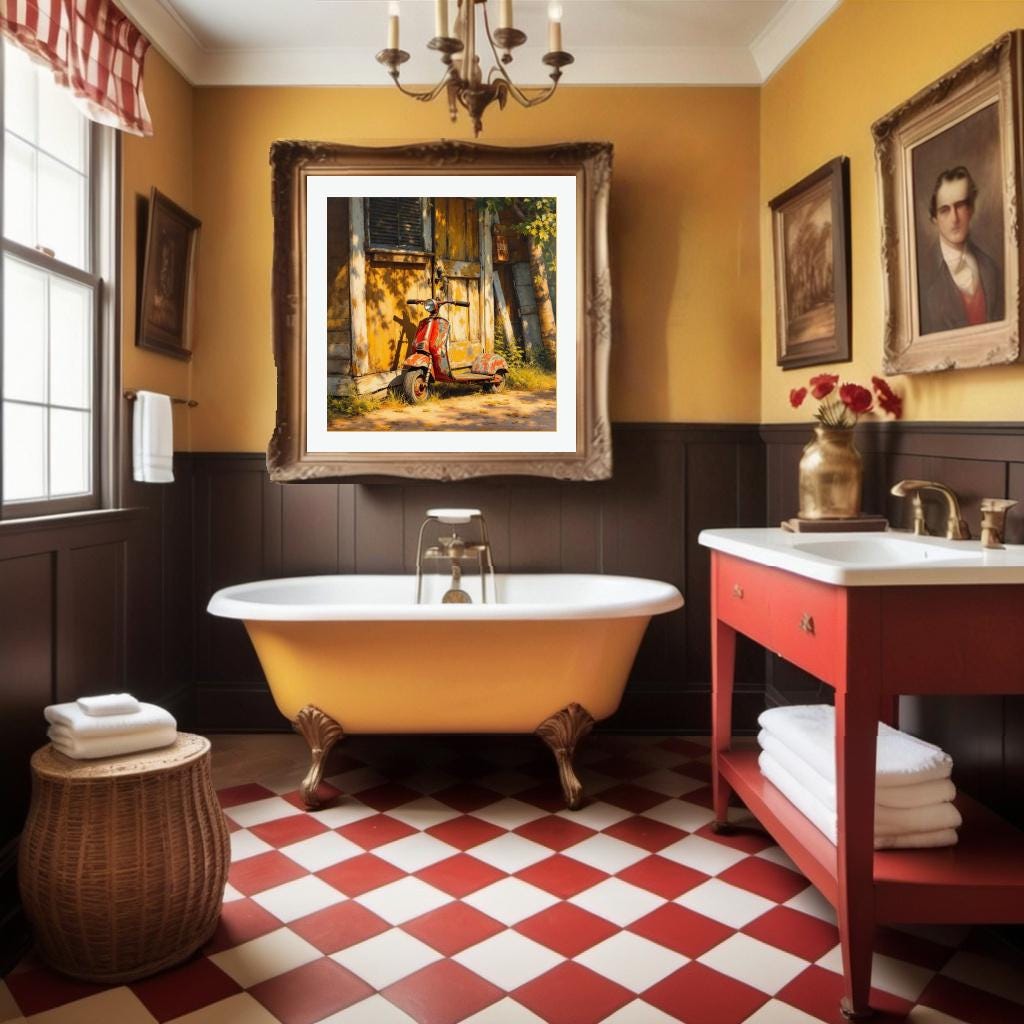 Vintage Red Scooter Art Print: Rustic Autumn Nostalgia Painting (Digital Download)