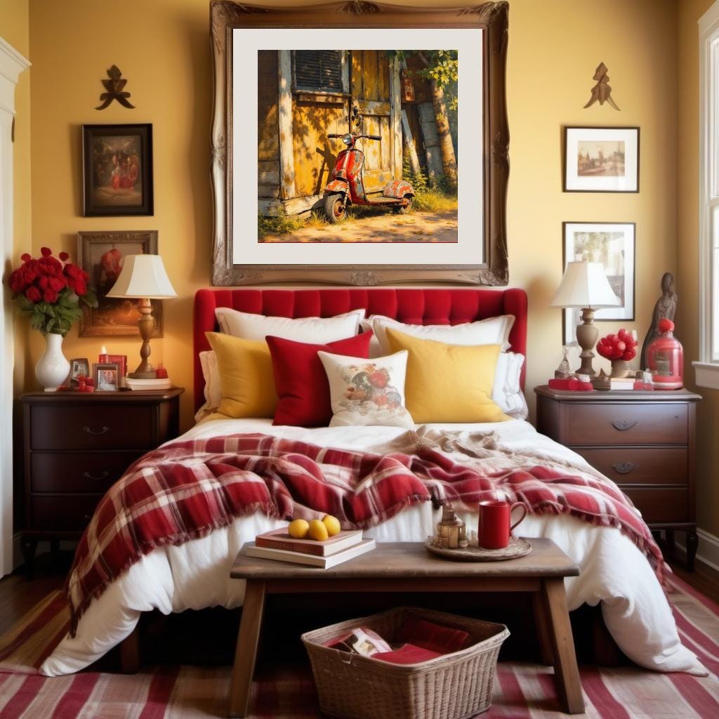 Vintage Red Scooter Art Print: Rustic Autumn Nostalgia Painting (Digital Download)