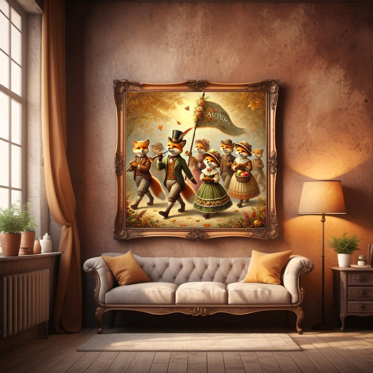 Autumn Fox Parade Vintage Oil Painting (Digital Download)
