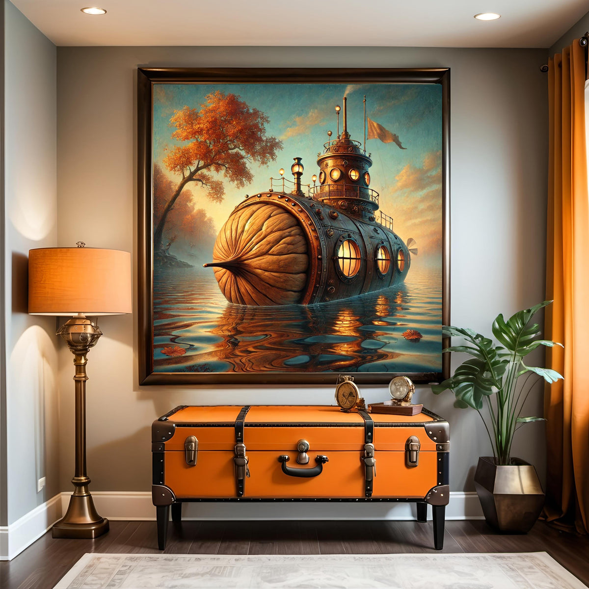 Steampunk Walnut Submarine Print: Vintage Autumn Fantasy Nautical Decor (Digital Download 40x40 inches)