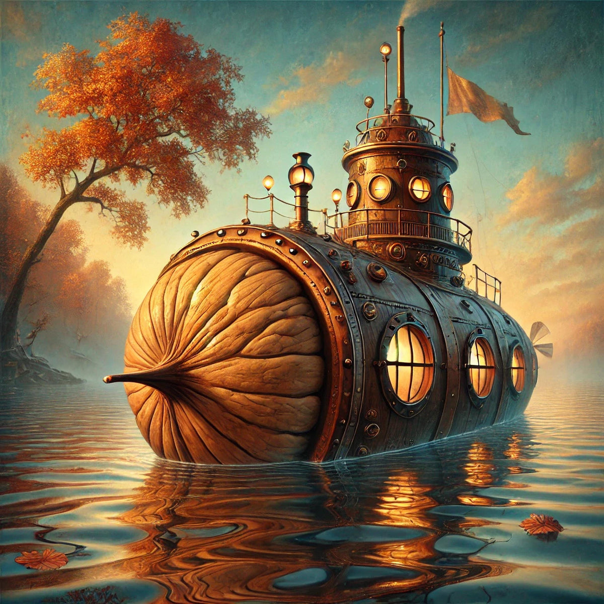 Steampunk Walnut Submarine Print: Vintage Autumn Fantasy Nautical Decor (Digital Download 40x40 inches)
