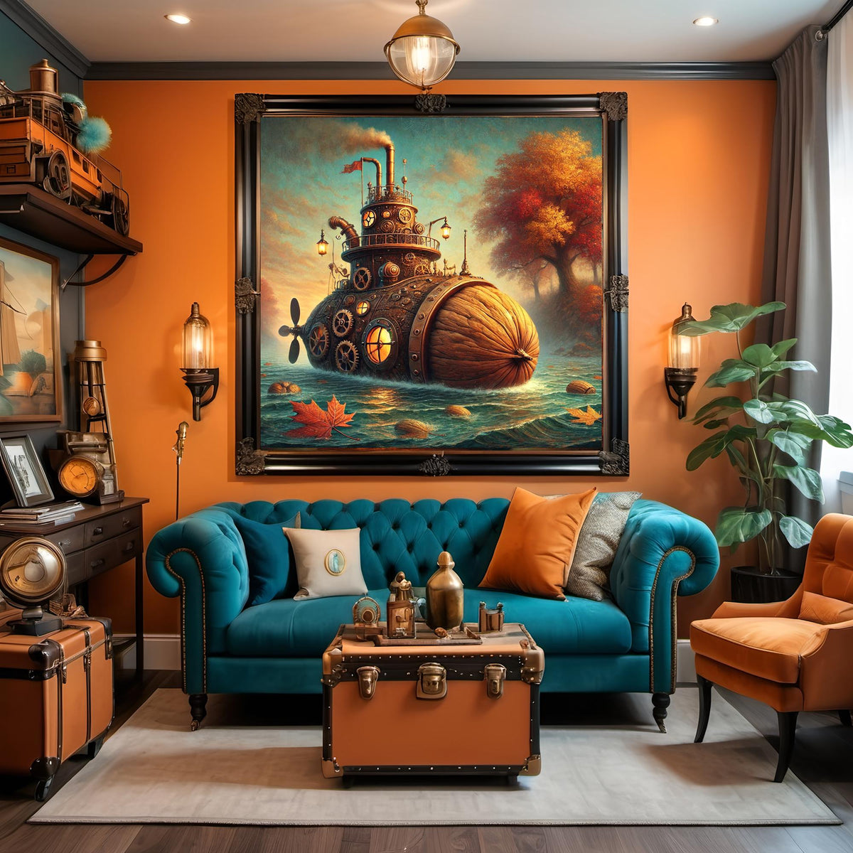 Steampunk Walnut Submarine Art: Whimsical Autumn Nautical Fantasy Decor (Digital Download)