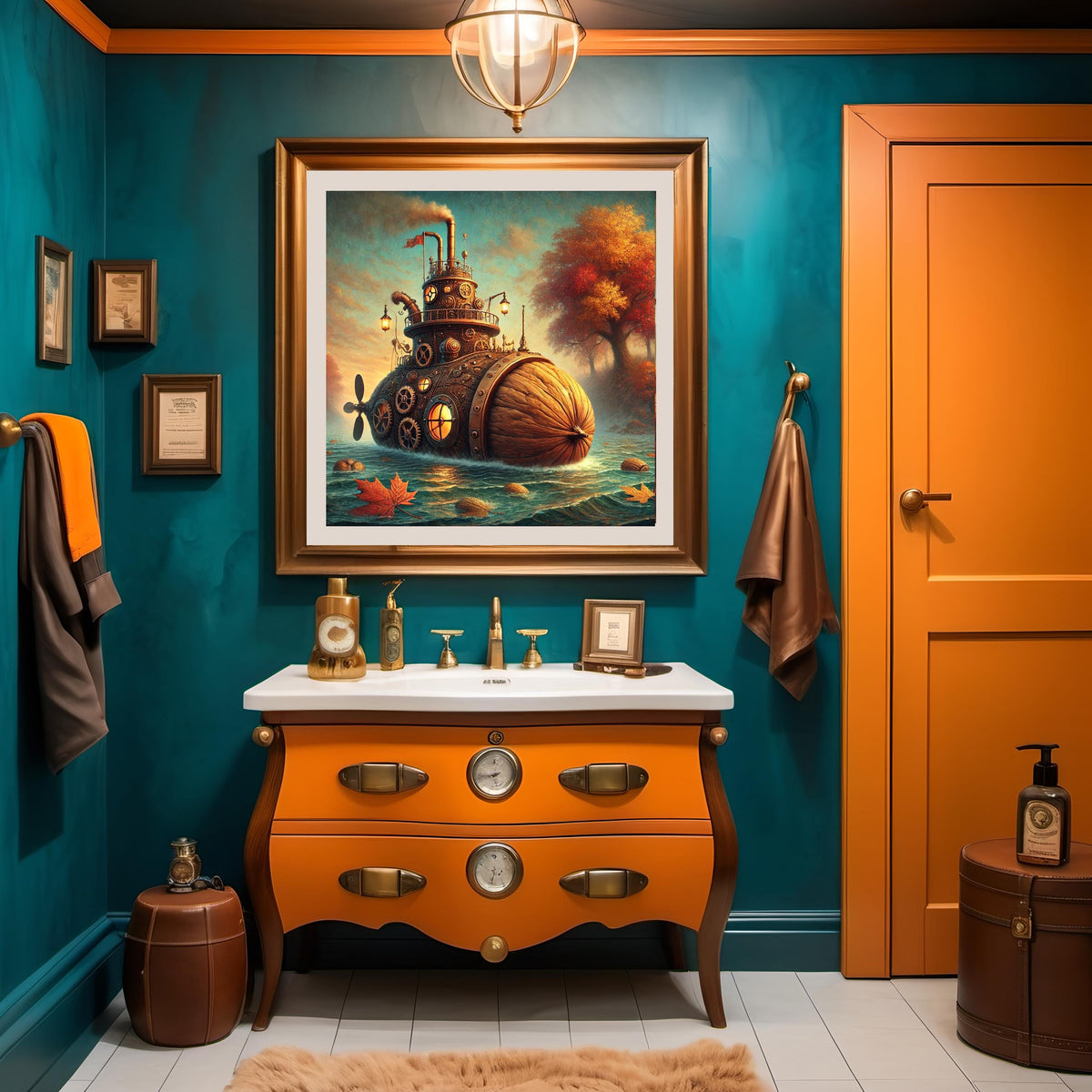 Steampunk Walnut Submarine Art: Whimsical Autumn Nautical Fantasy Decor (Digital Download)