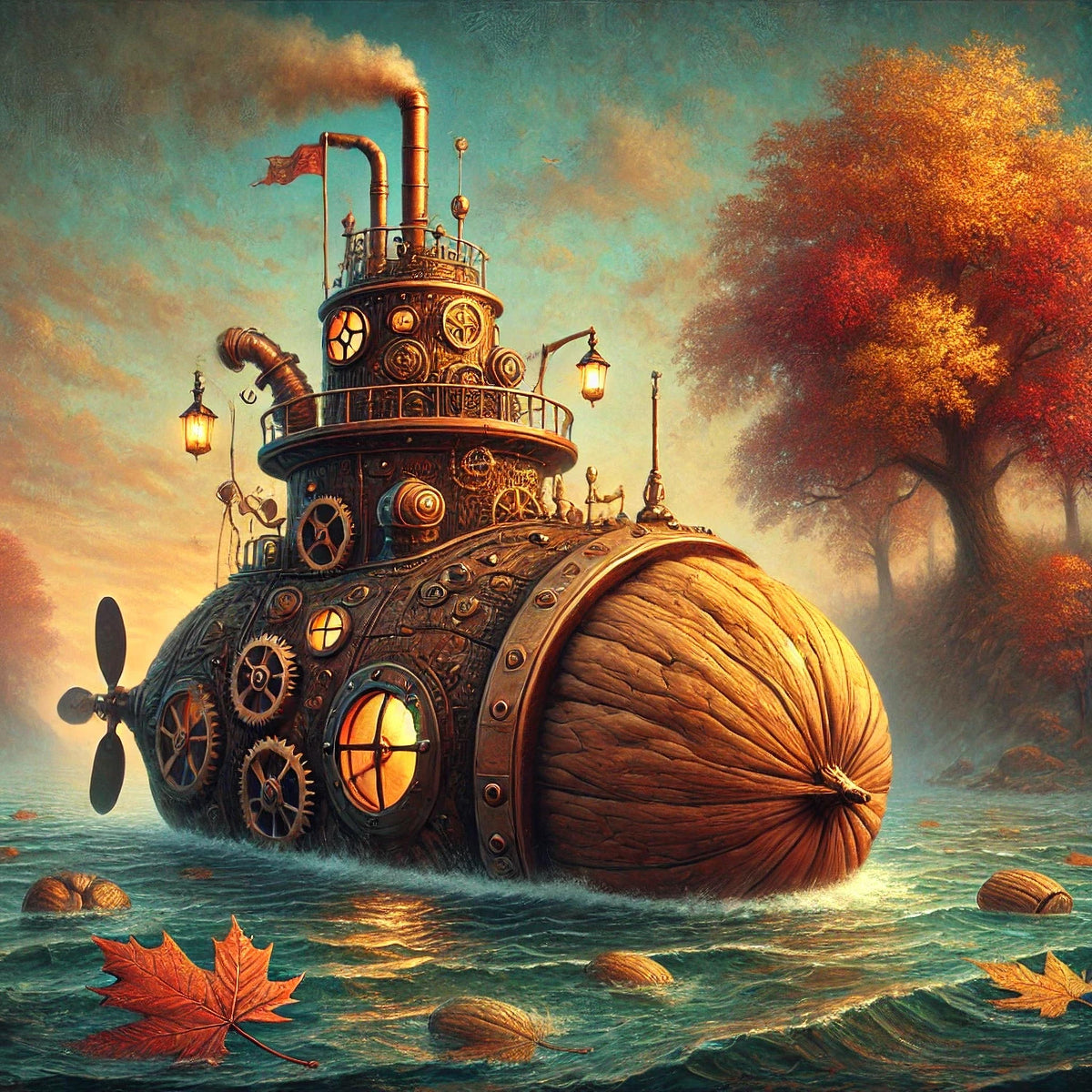 Steampunk Walnut Submarine Art: Whimsical Autumn Nautical Fantasy Decor (Digital Download)