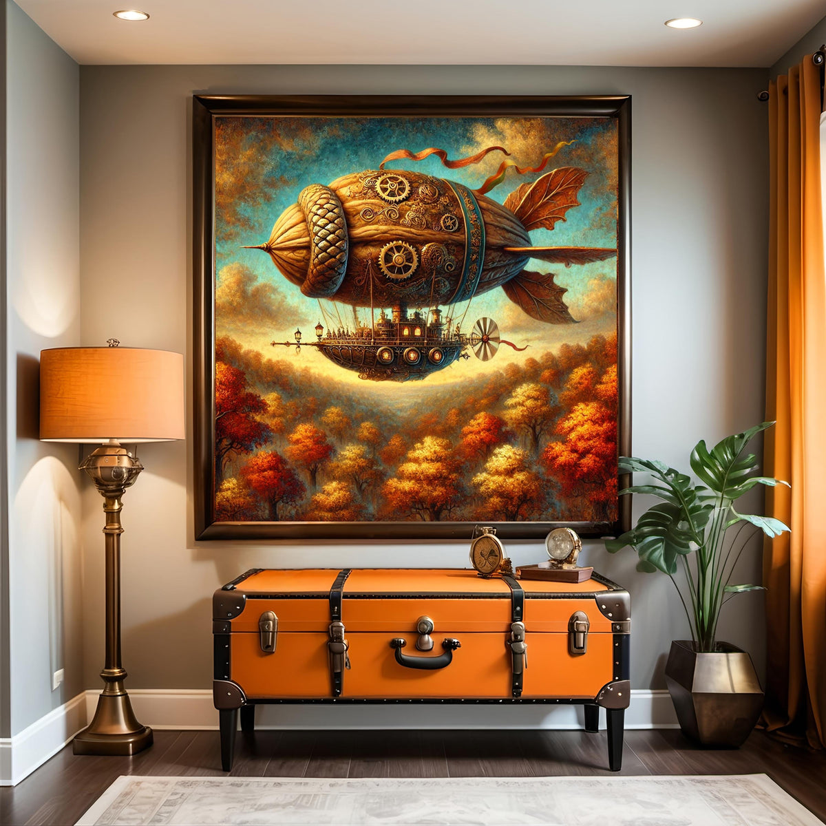 Steampunk Walnut Airship Digital Art Vintage Oil Painting  (Digital Download)