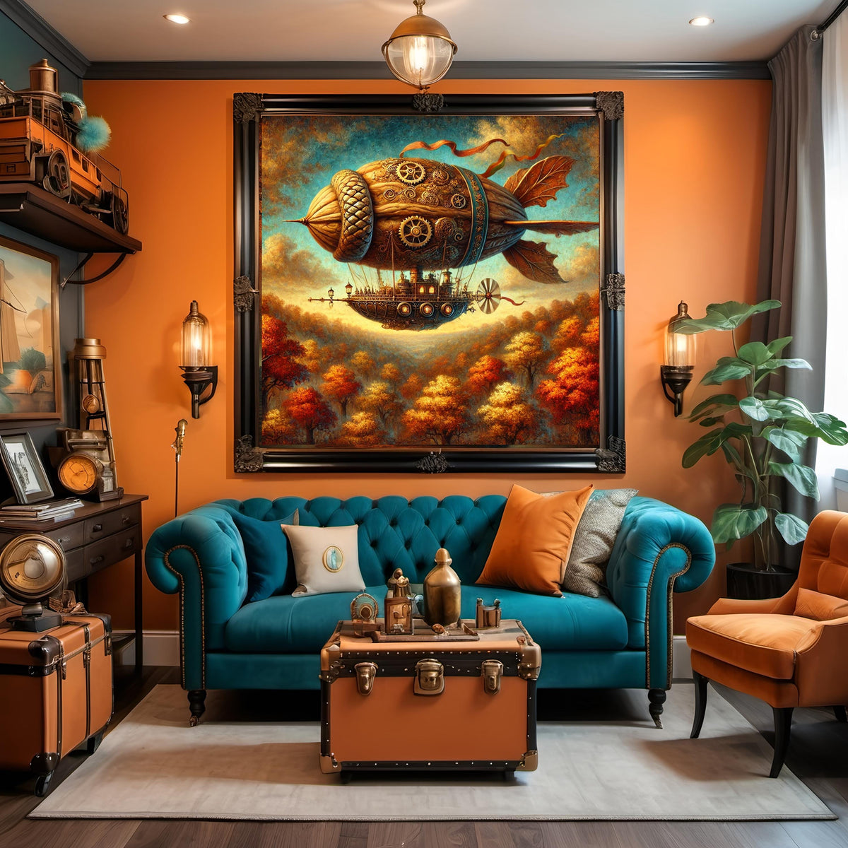 Steampunk Walnut Airship Digital Art Vintage Oil Painting  (Digital Download)