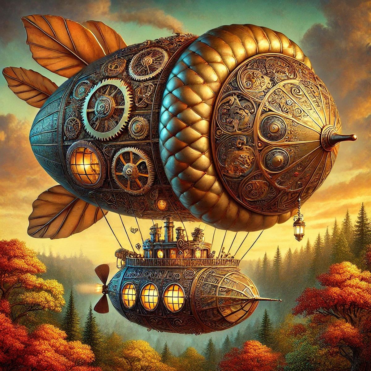 Steampunk Acorn Airship Digital Art Vintage Oil Painting (Digital Download)