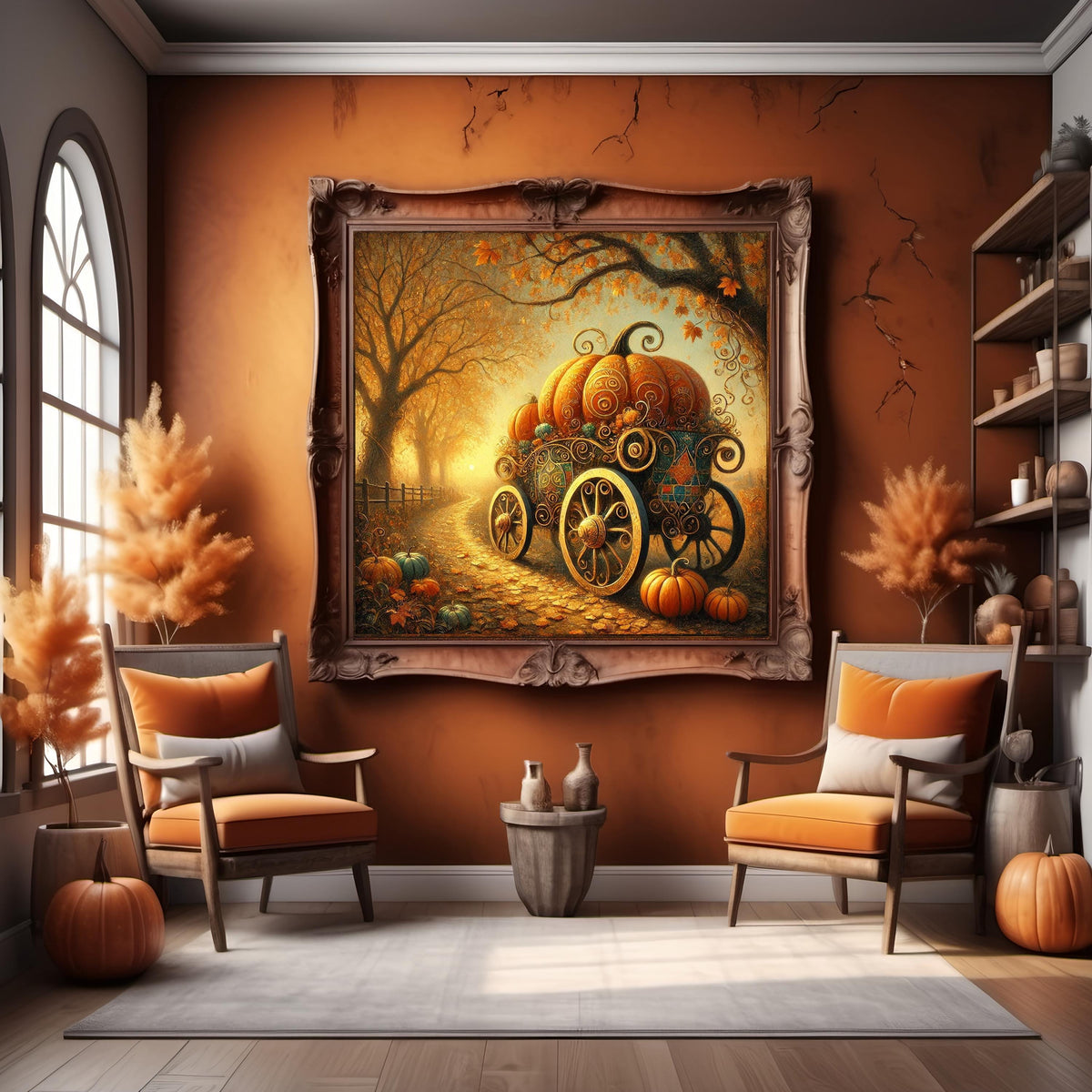 Klimt Inspired Pumpkin Carriage Whimsical Fall Digital Art (Digital Download)