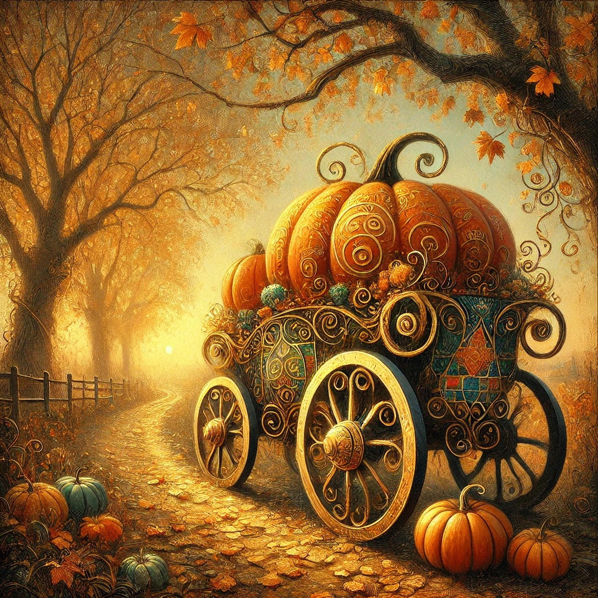 Klimt Inspired Pumpkin Carriage Whimsical Fall Digital Art (Digital Download)