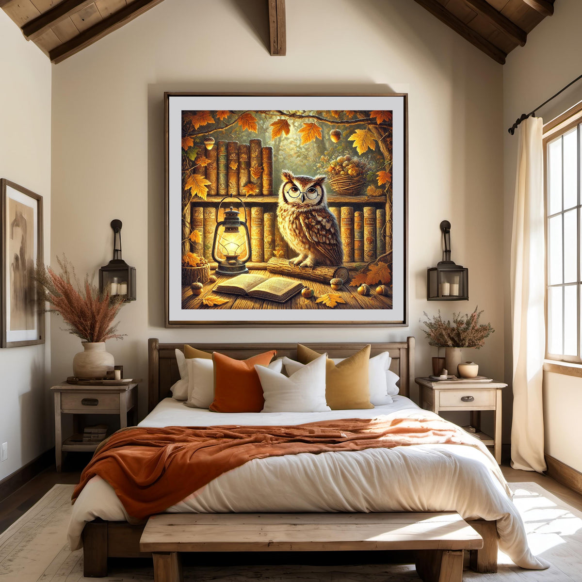 Autumn Owl in Forest Library Cozy Fall Cottagecore Digital Art Instant Download