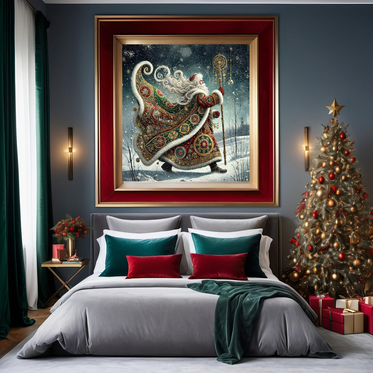 Gilded Green Santa Art Print: Klimt-Inspired Vintage Christmas Wall Decor (Digital Download)