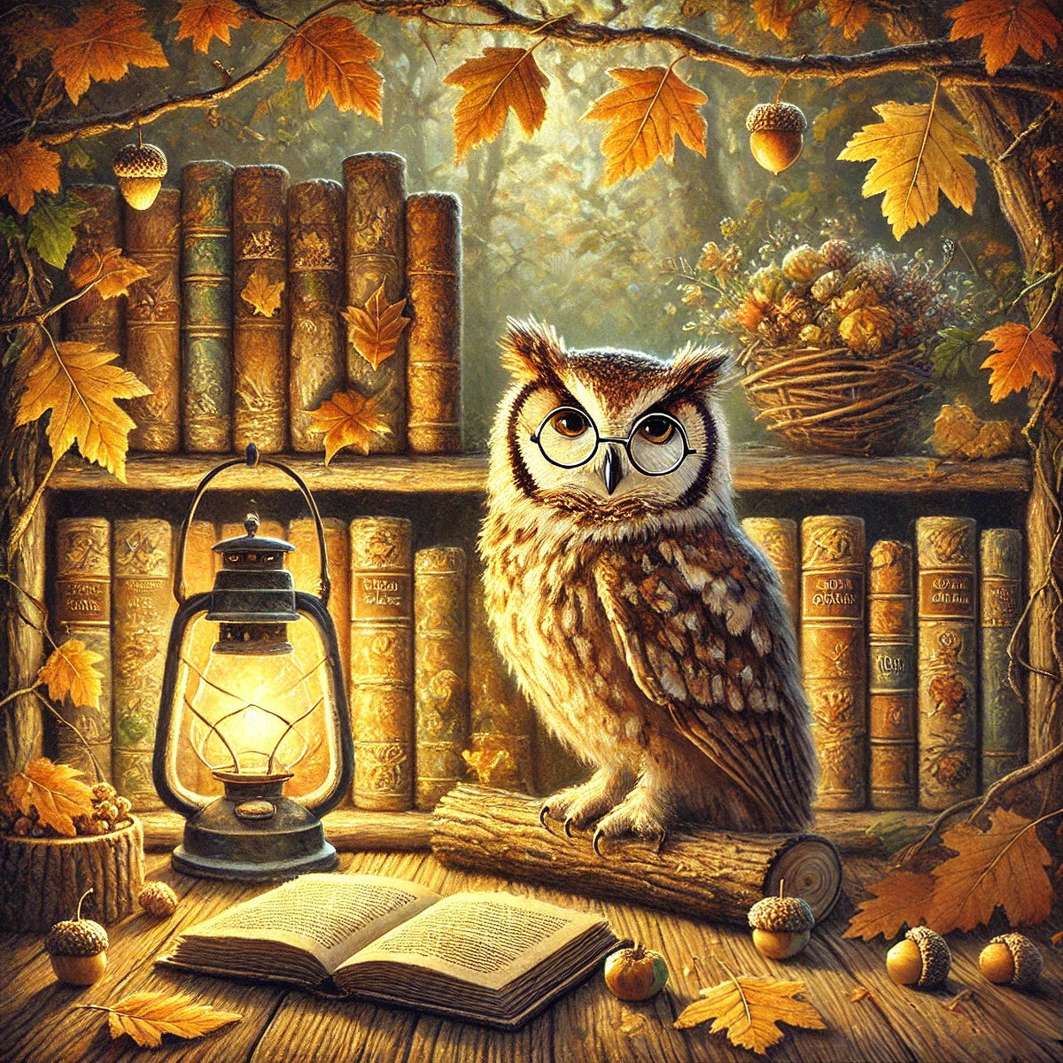 Autumn Owl in Forest Library Cozy Fall Cottagecore Digital Art Instant Download