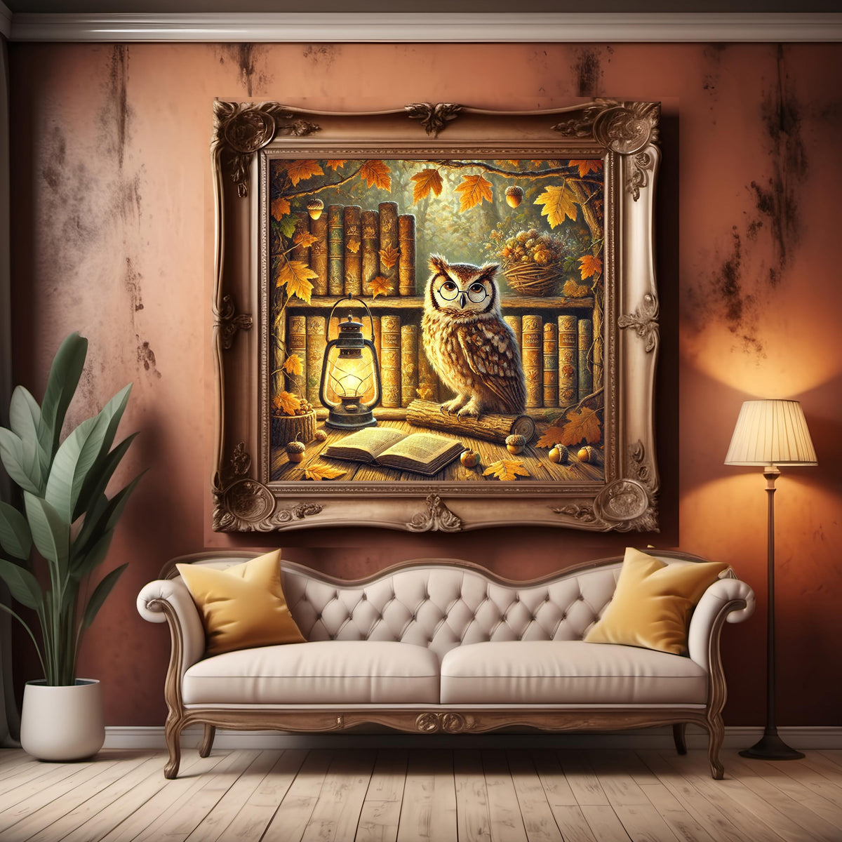 Autumn Owl in Forest Library Cozy Fall Cottagecore Digital Art Instant Download