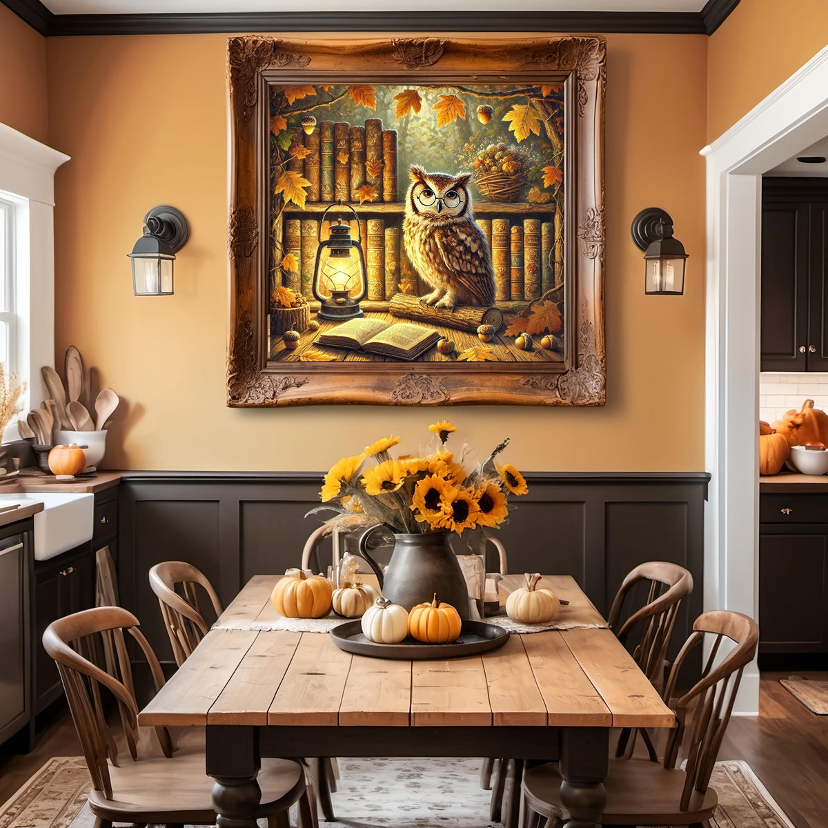 Autumn Owl in Forest Library Cozy Fall Cottagecore Digital Art Instant Download