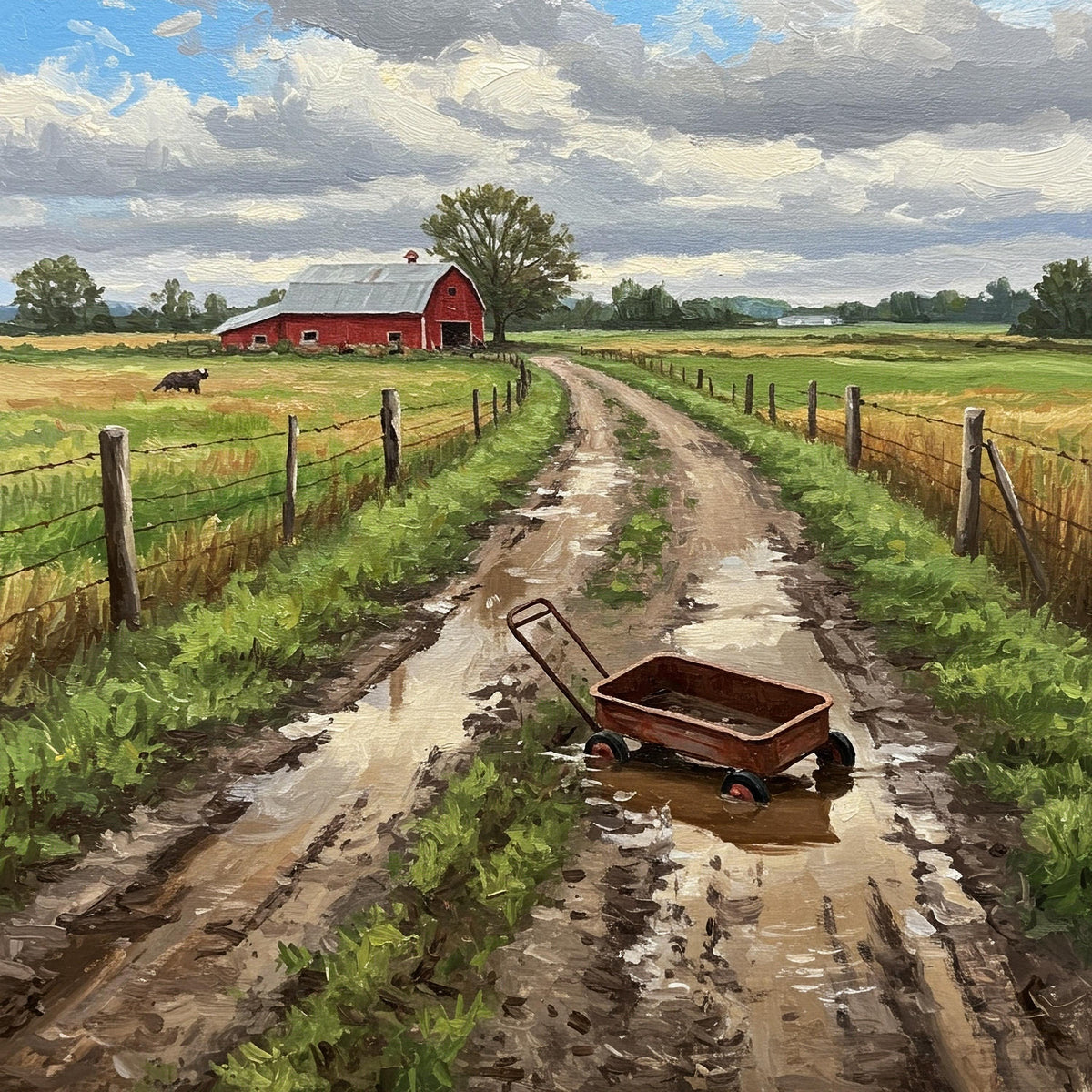 Rustic Barn Art Print: Farm Landscape Painting After Rain (Digital Download)
