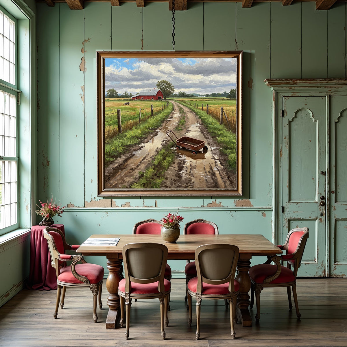 Rustic Barn Art Print: Farm Landscape Painting After Rain (Digital Download)