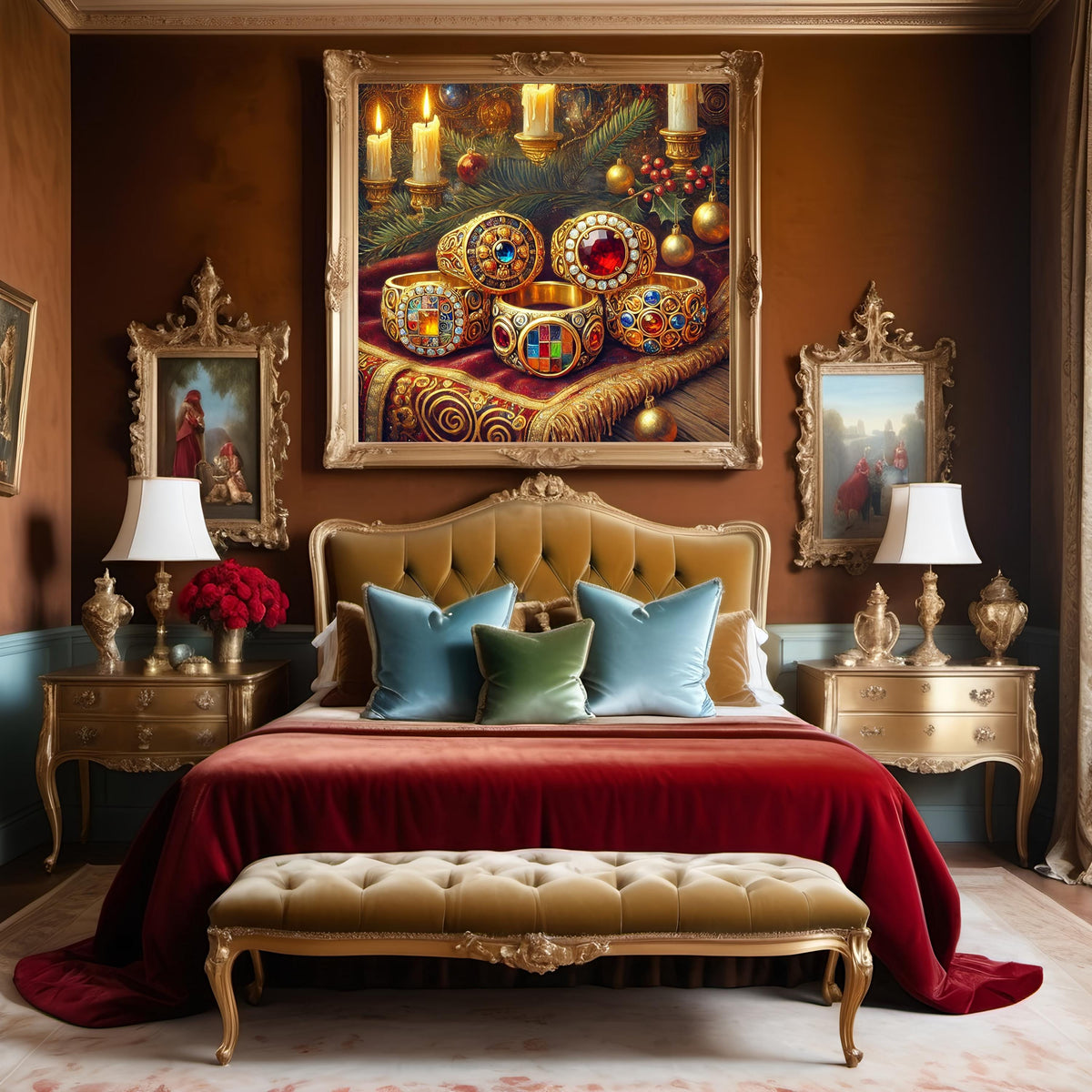 Klimt Inspired Five Golden Rings Art: Jeweled Christmas Decor (Digital Download)