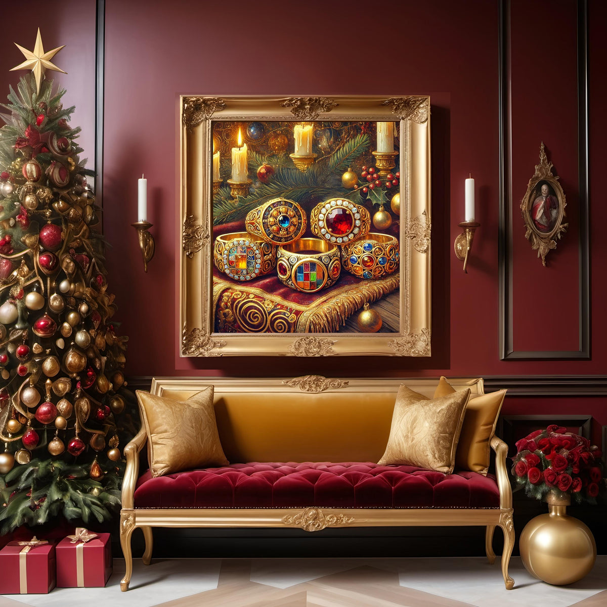 Klimt Inspired Five Golden Rings Art: Jeweled Christmas Decor (Digital Download)