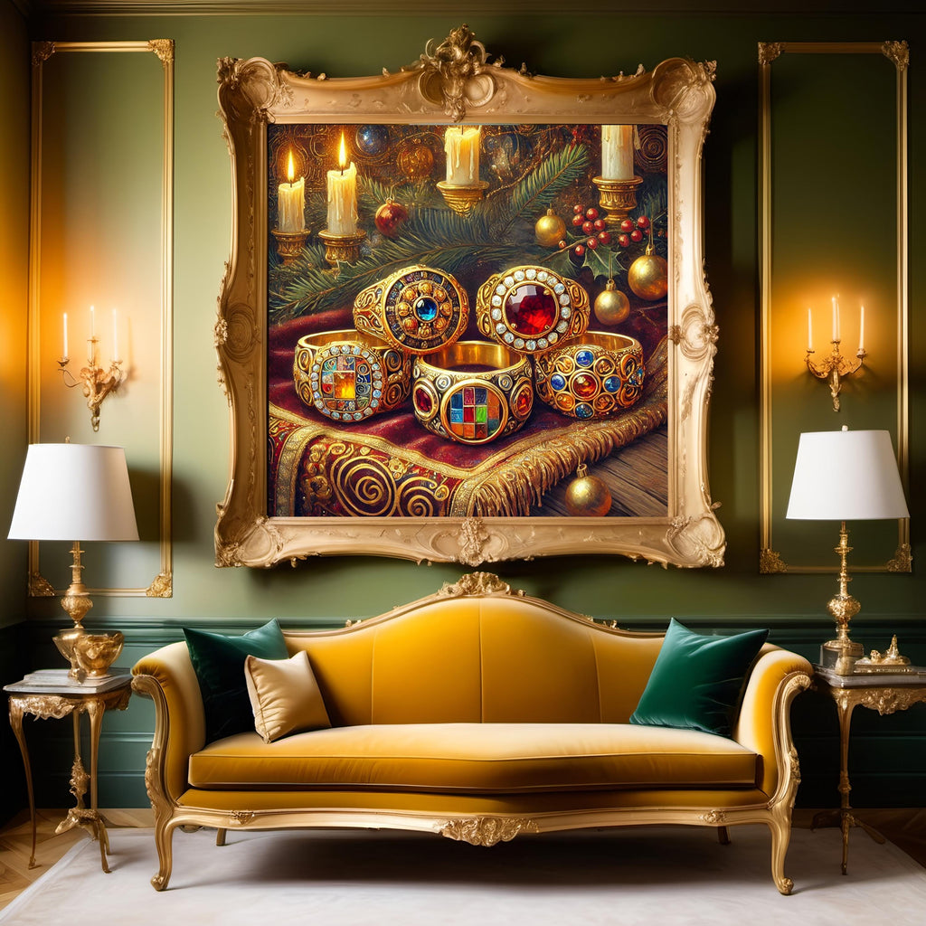 Klimt Inspired Five Golden Rings Art: Jeweled Christmas Decor (Digital Download)
