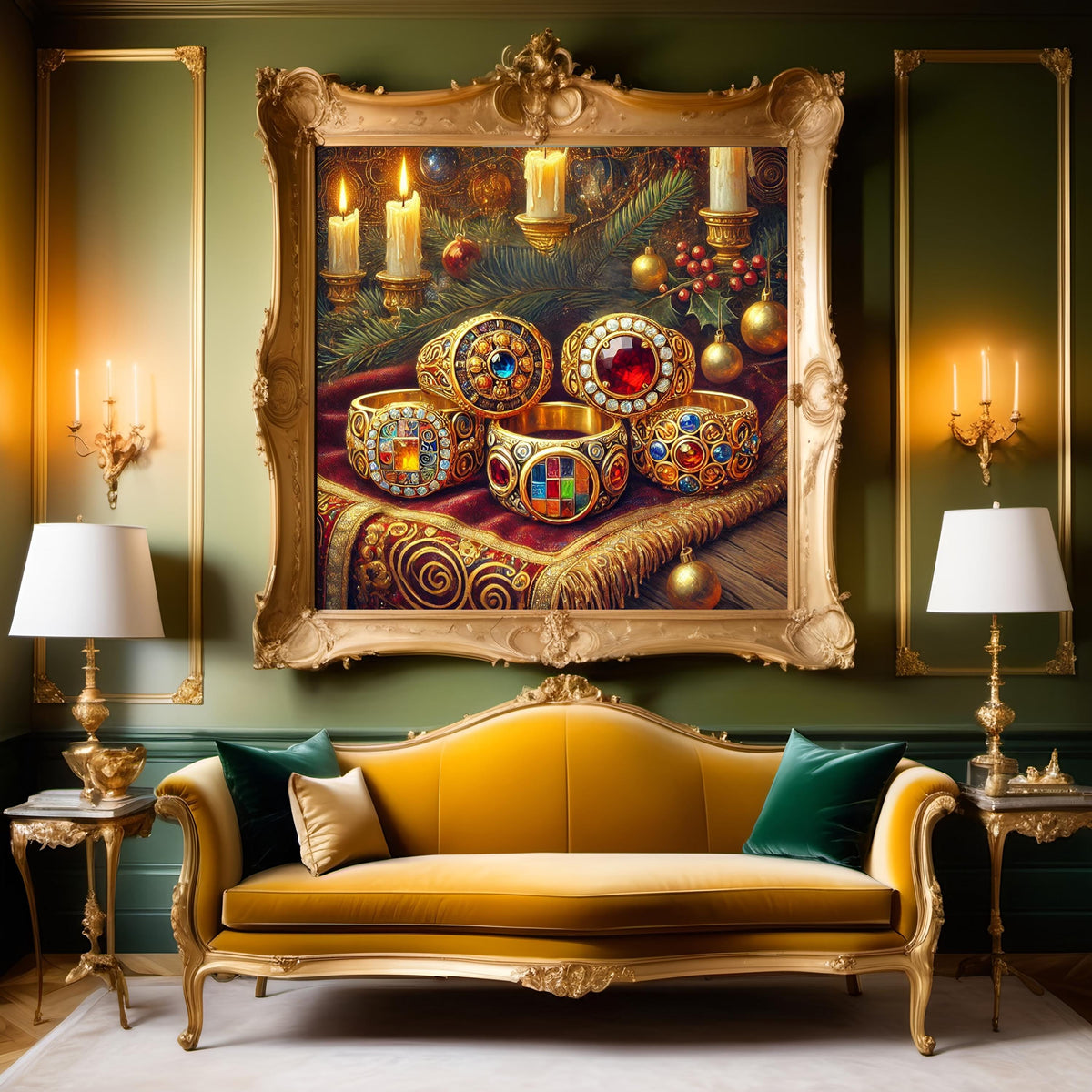 Klimt Inspired Five Golden Rings Art: Jeweled Christmas Decor (Digital Download)