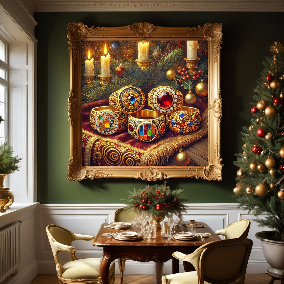 Klimt Inspired Five Golden Rings Art: Jeweled Christmas Decor (Digital Download)