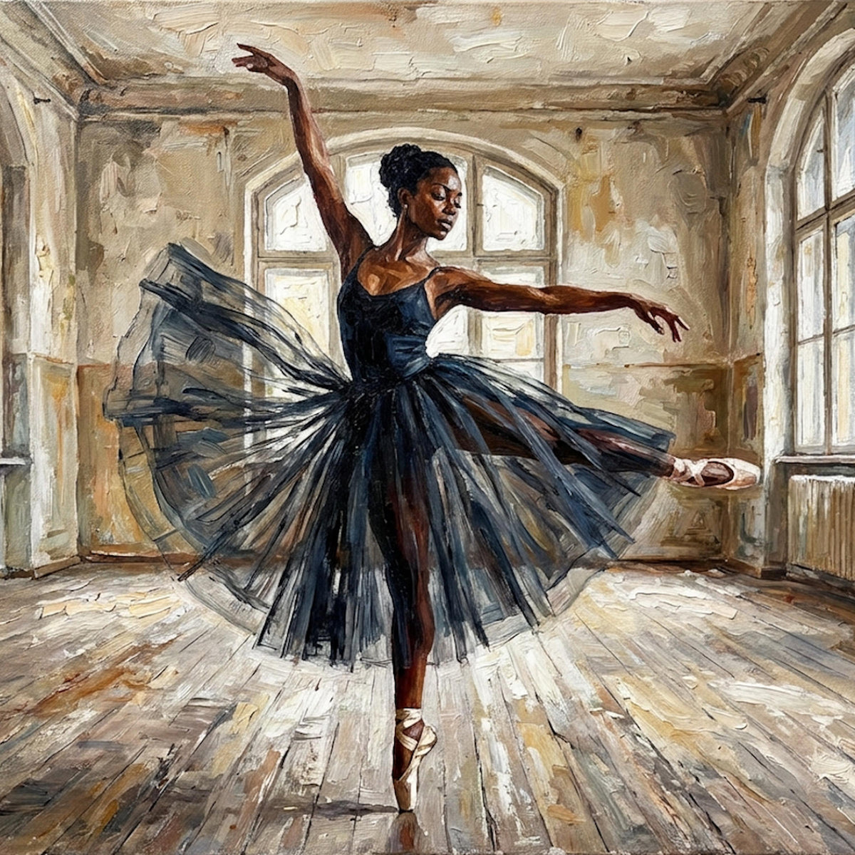 Vintage Ballerina Oil Painting: Elegant Black Tutu, Ballet Studio Art (Digital Download)