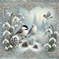 Victorian Winter Chickadee Birds with Snowdrops Digital Art Oil Painting (Instant Download)