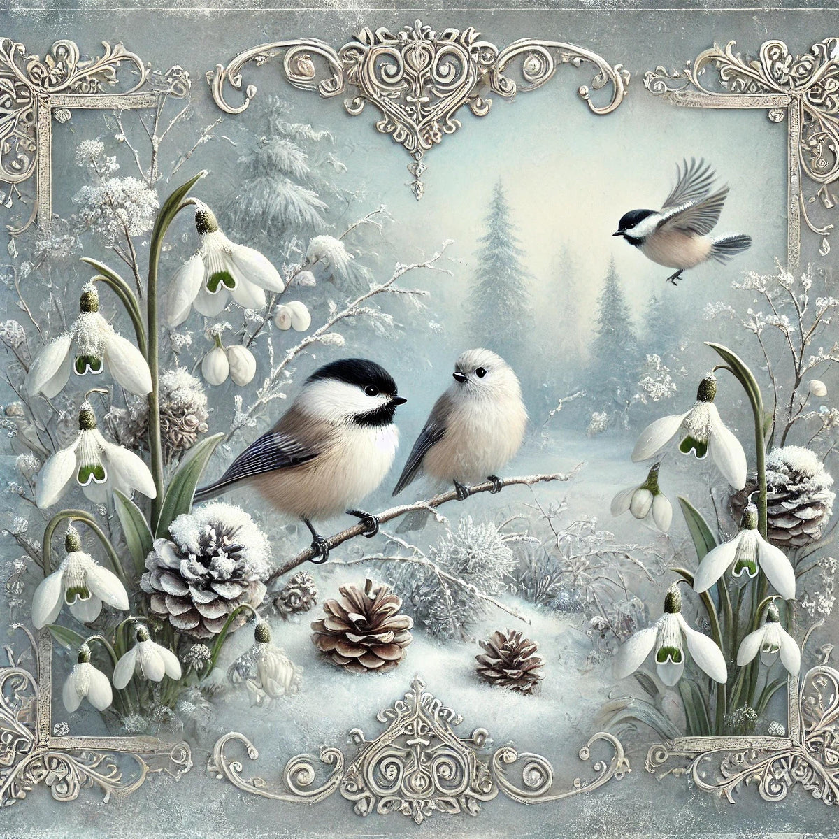 Victorian Winter Chickadee Birds with Snowdrops Digital Art Oil Painting (Instant Download)