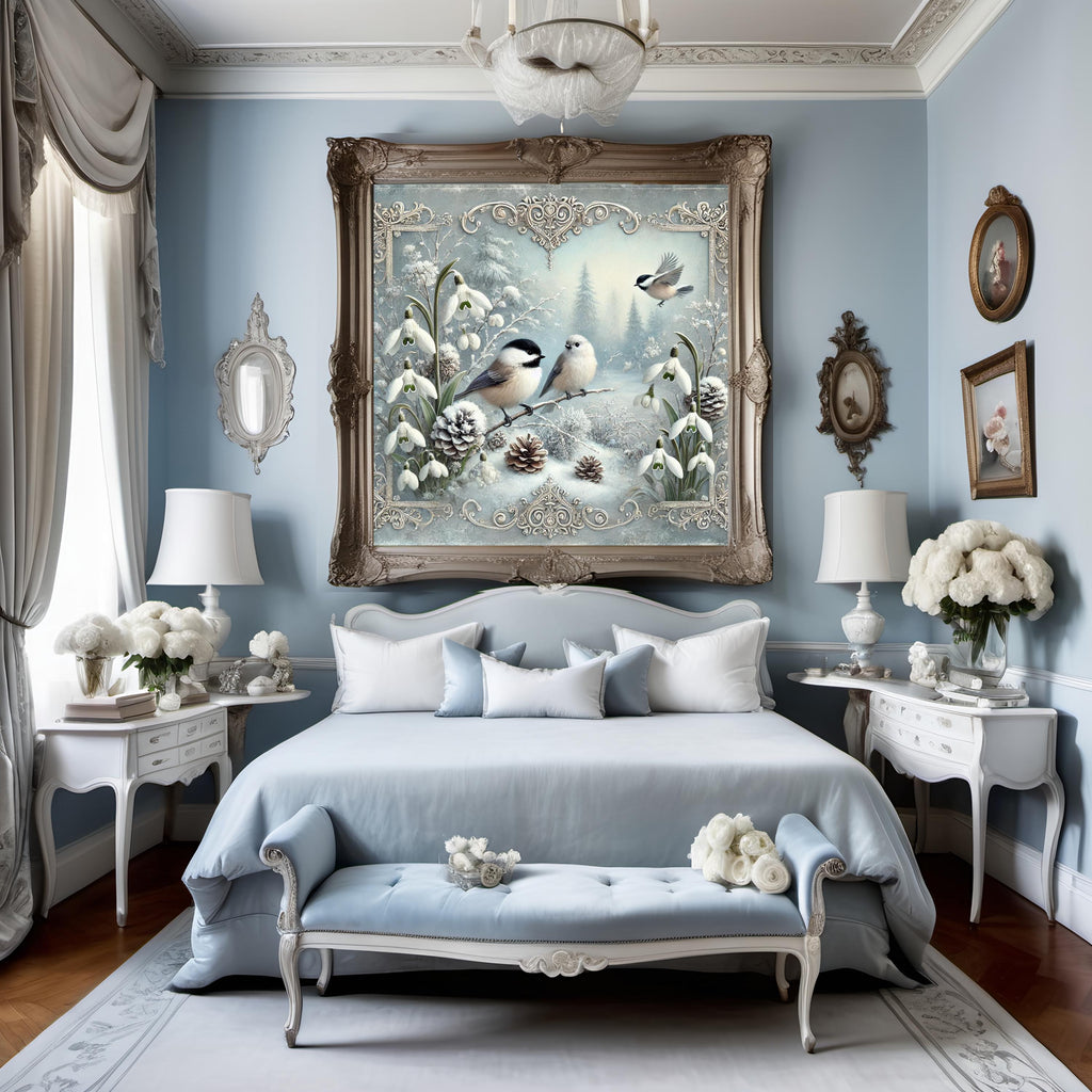Victorian Winter Chickadee Birds with Snowdrops Digital Art Oil Painting (Instant Download)