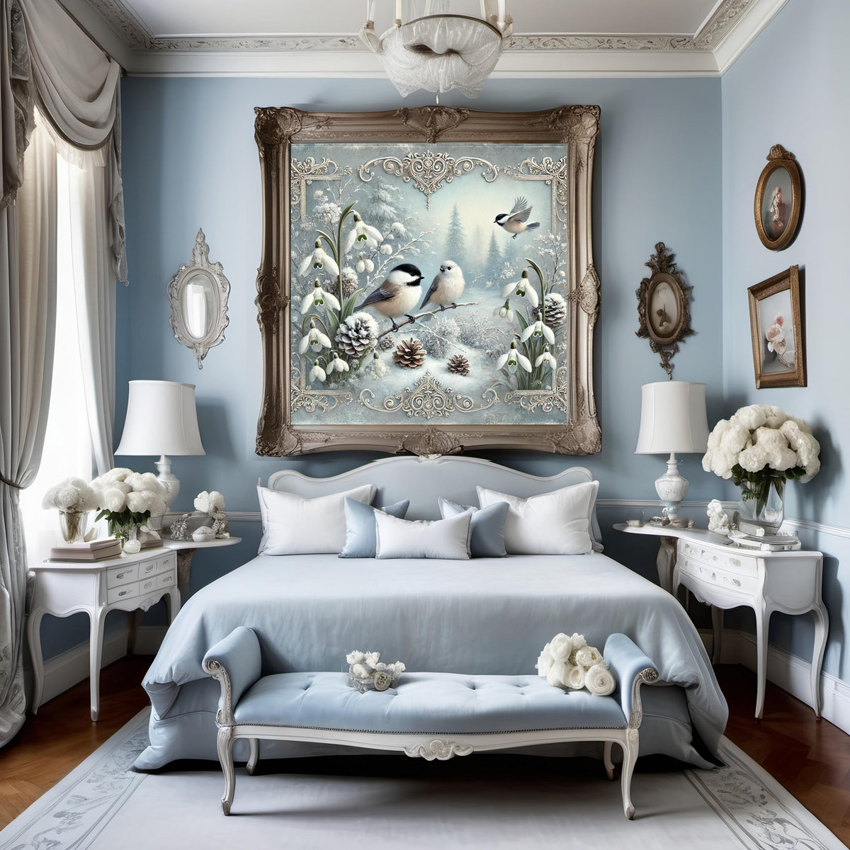 Victorian Winter Chickadee Birds with Snowdrops Digital Art Oil Painting (Instant Download)