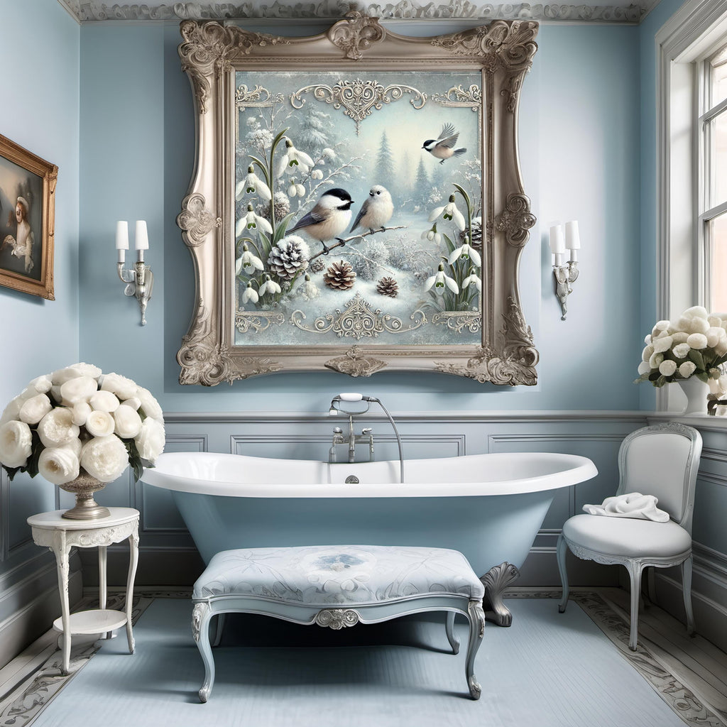 Victorian Winter Chickadee Birds with Snowdrops Digital Art Oil Painting (Instant Download)