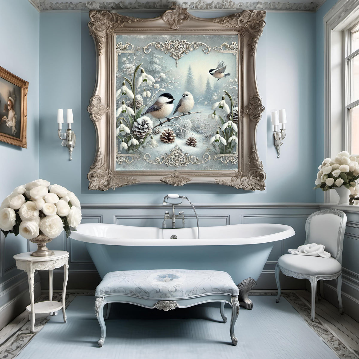 Victorian Winter Chickadee Birds with Snowdrops Digital Art Oil Painting (Instant Download)