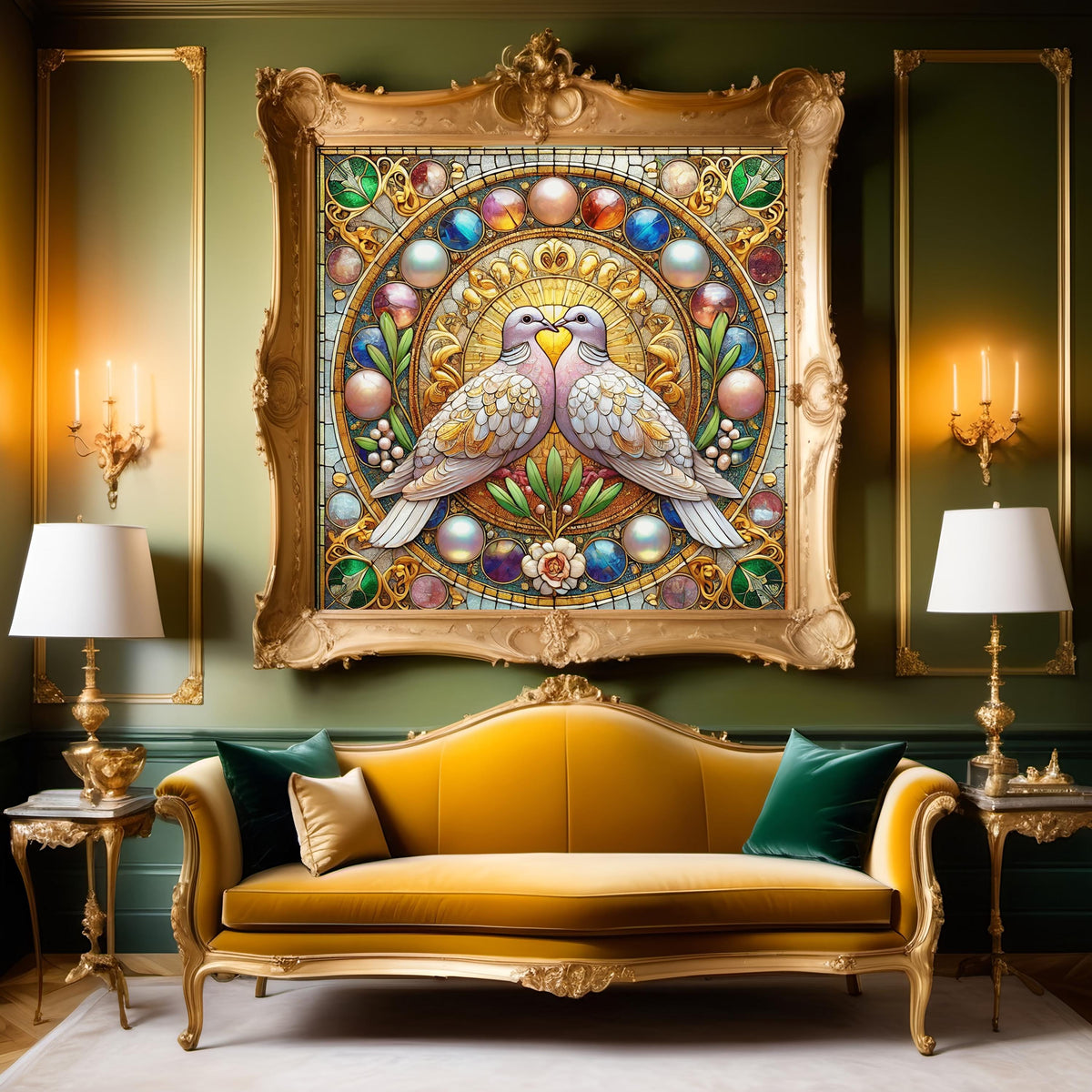 Art Nouveau Turtle Doves Stained Glass Art: Romantic Bird Print (Digital Download)