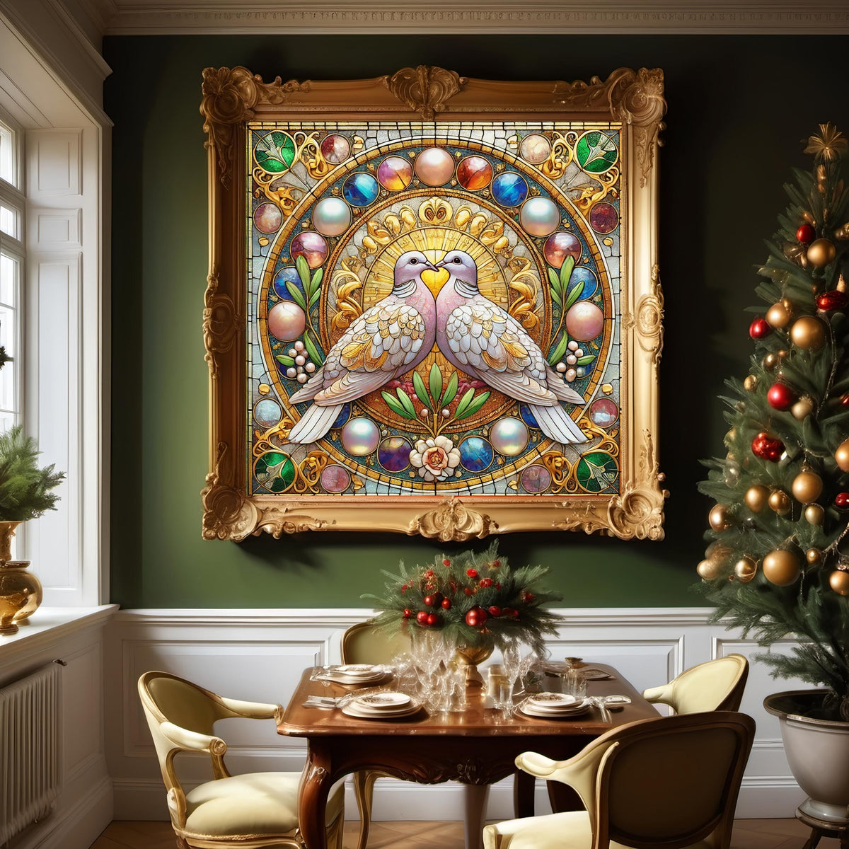 Art Nouveau Turtle Doves Stained Glass Art: Romantic Bird Print (Digital Download)