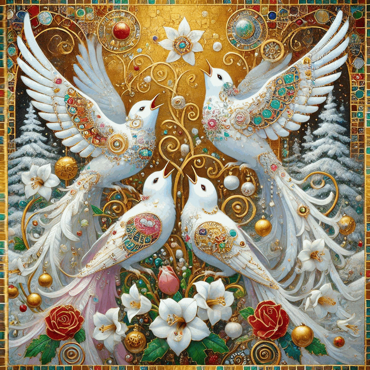 Four Calling Birds Art Print Gilded Christmas Wall Decor Angelic Holiday Birds Digital Art Vintage Festive Home Decor
