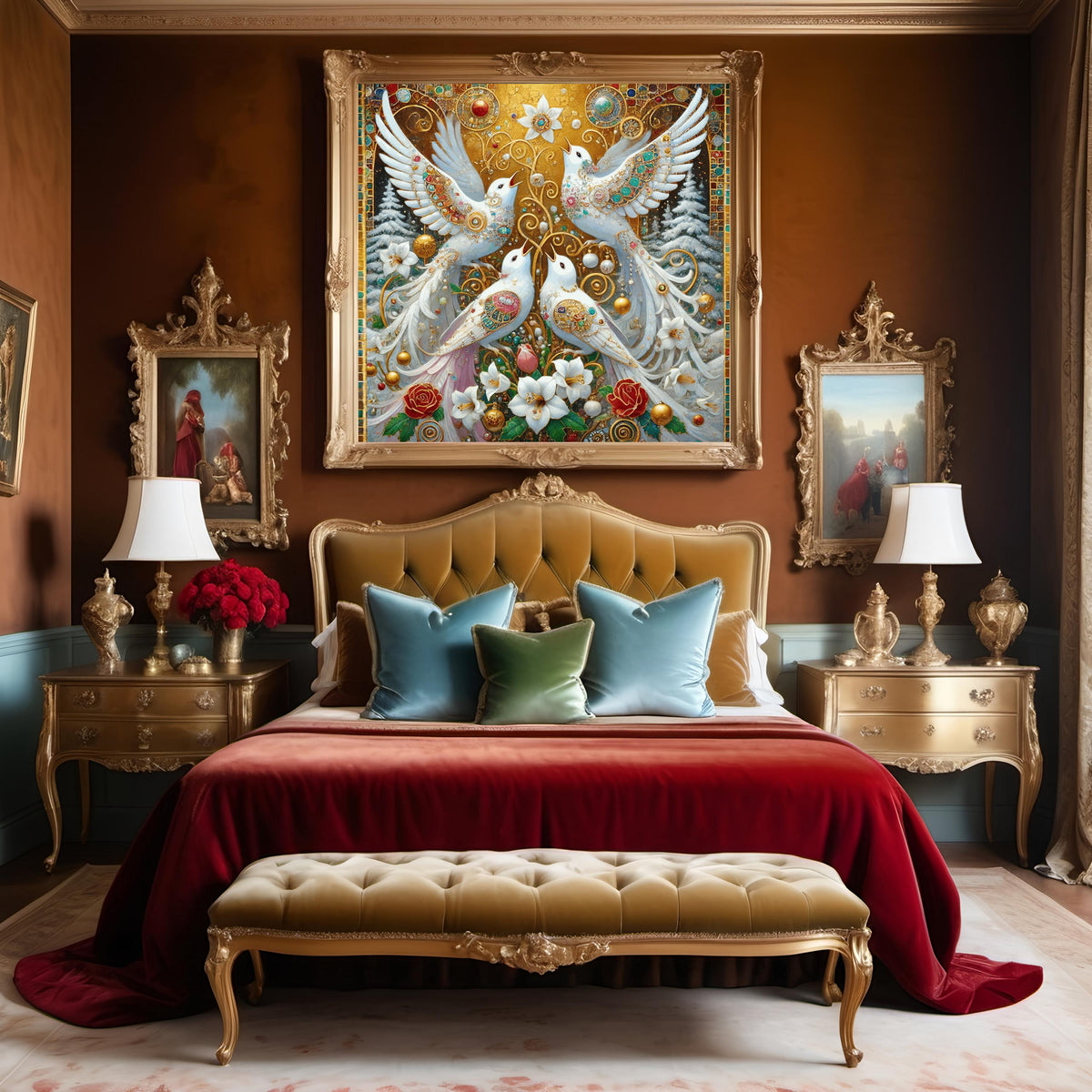 Four Calling Birds Art Print Gilded Christmas Wall Decor Angelic Holiday Birds Digital Art Vintage Festive Home Decor