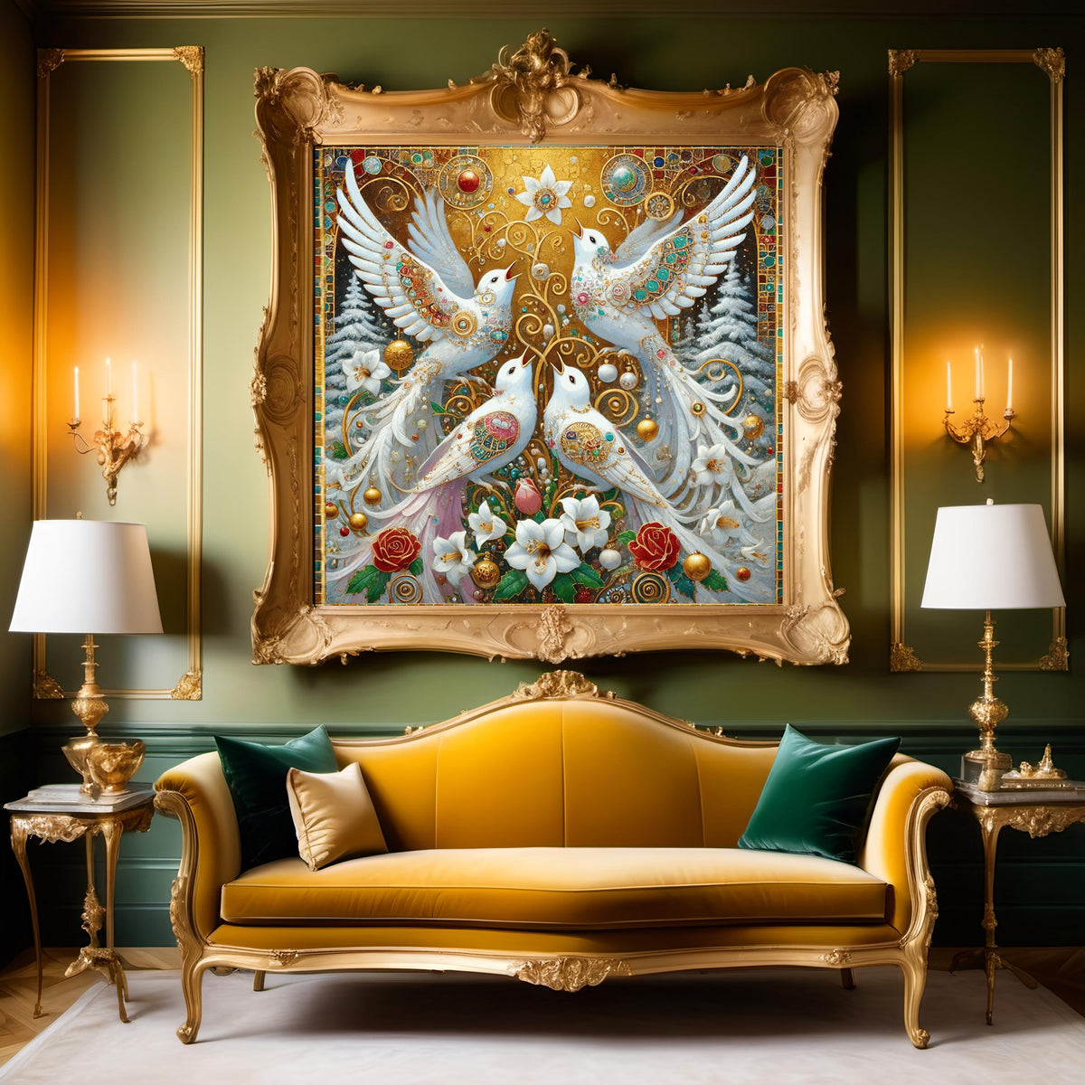 Four Calling Birds Art Print Gilded Christmas Wall Decor Angelic Holiday Birds Digital Art Vintage Festive Home Decor