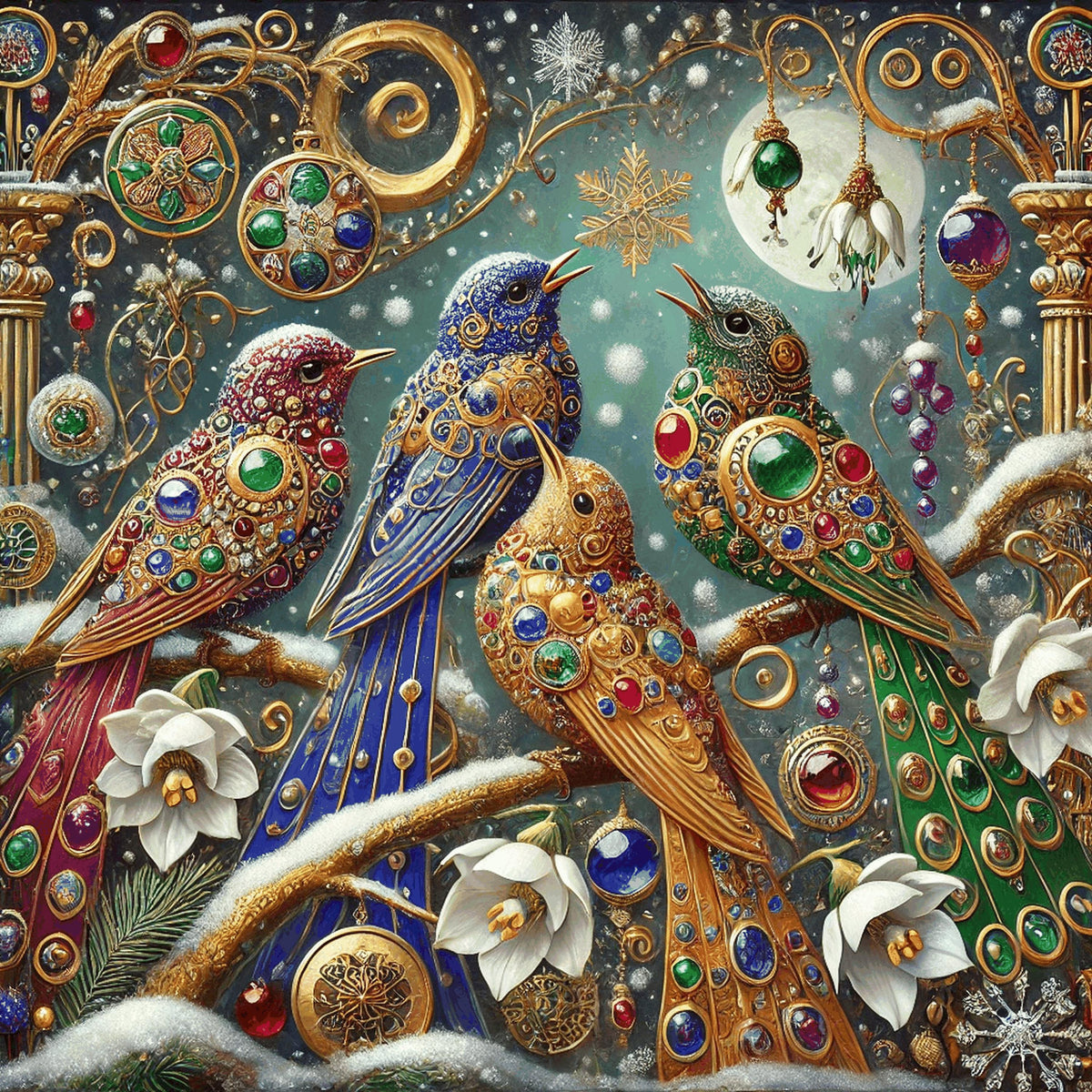 Winter Four Calling Birds Art Print Gilded Christmas Wall Decor Jeweled Holiday Birds Digital Art Vintage Festive Home Decor