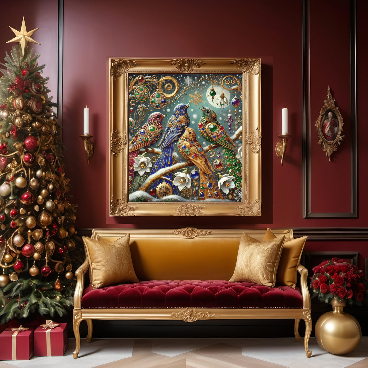 Winter Four Calling Birds Art Print Gilded Christmas Wall Decor Jeweled Holiday Birds Digital Art Vintage Festive Home Decor