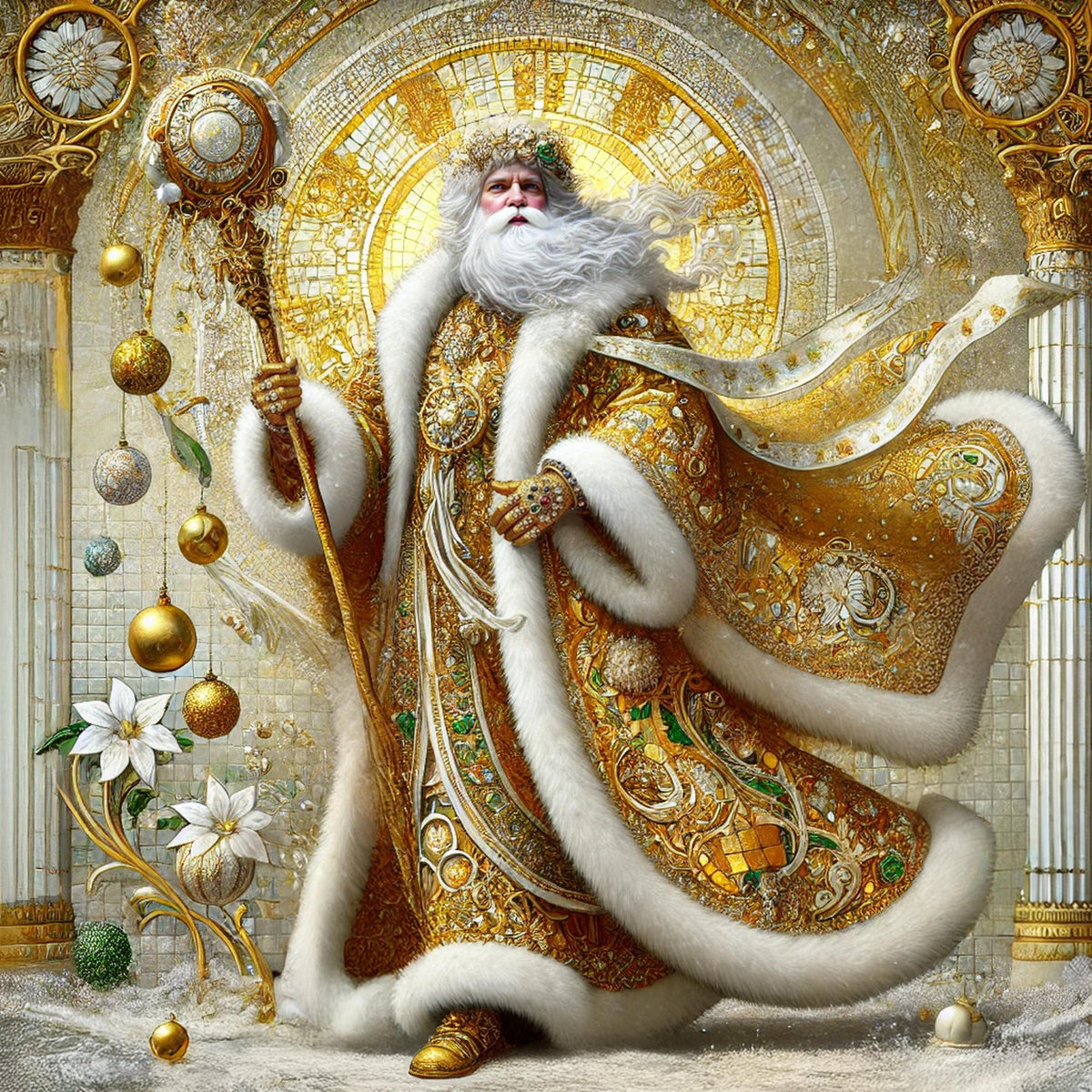 Golden Father Christmas Vintage Santa Art Print Regal Gilded Winter King Holiday Wall Decor Digital Art
